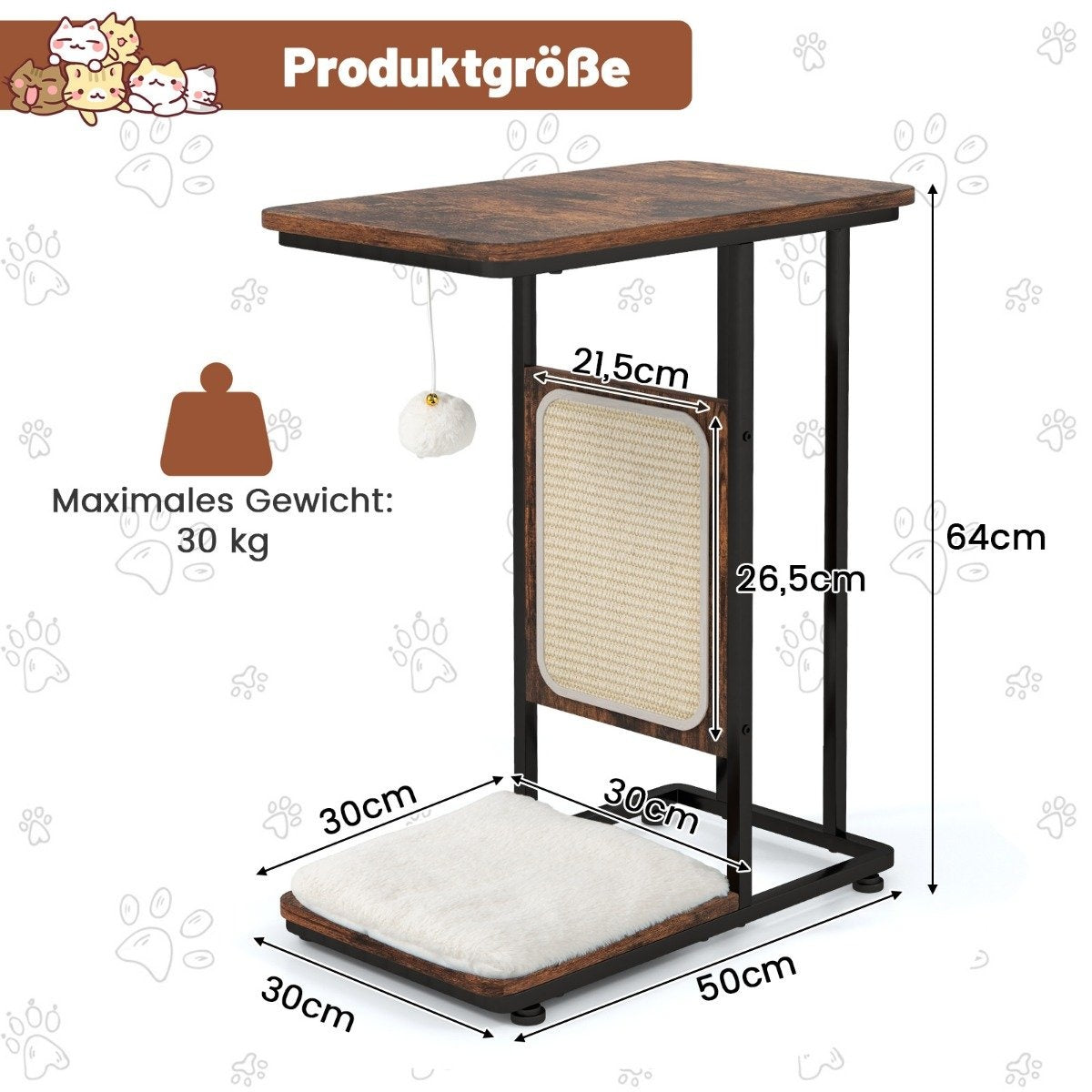 Una mesa auxiliar para gatos con rascador, cojín y un juguete colgante. También se muestran las dimensiones y la capacidad de peso.