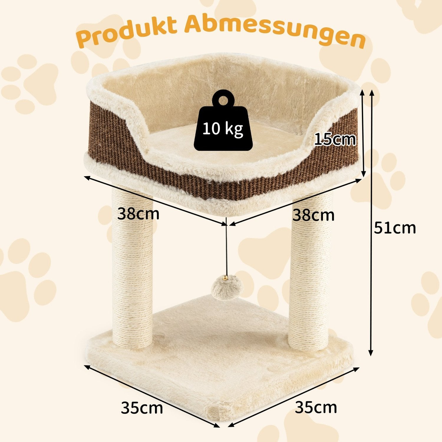 Árbol para gatos con medidas: 38cm x 38cm arriba, base de 35cm, altura de 51cm. Incluye una etiqueta de peso de 10 kg y un juguete colgante.