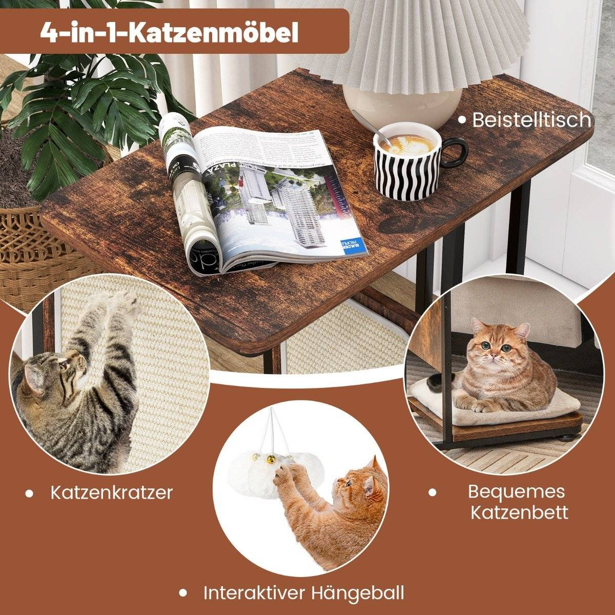 Se muestra un rascador para gatos, una bola colgante interactiva, una mesa auxiliar con café y una cama para gatos con un gato dentro.