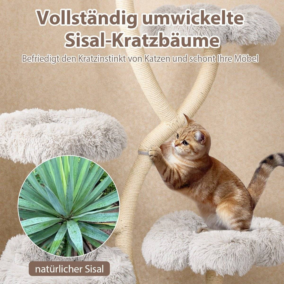 Un gato en un rascador. El árbol tiene plataformas esponjosas. El texto dice 'Postes rascadores de sisal' y 'sisal natural'.