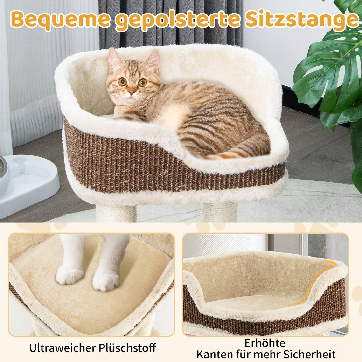 Un gato descansa en una cama acolchada para gatos. La cama es marrón y crema, con un interior de felpa. Una planta verde está en el fondo.