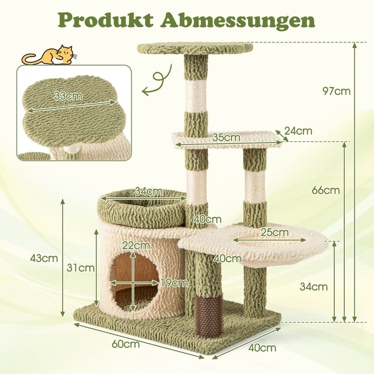 Un árbol para gatos con múltiples niveles y postes para rascar. Las dimensiones se muestran junto a cada parte del árbol.
