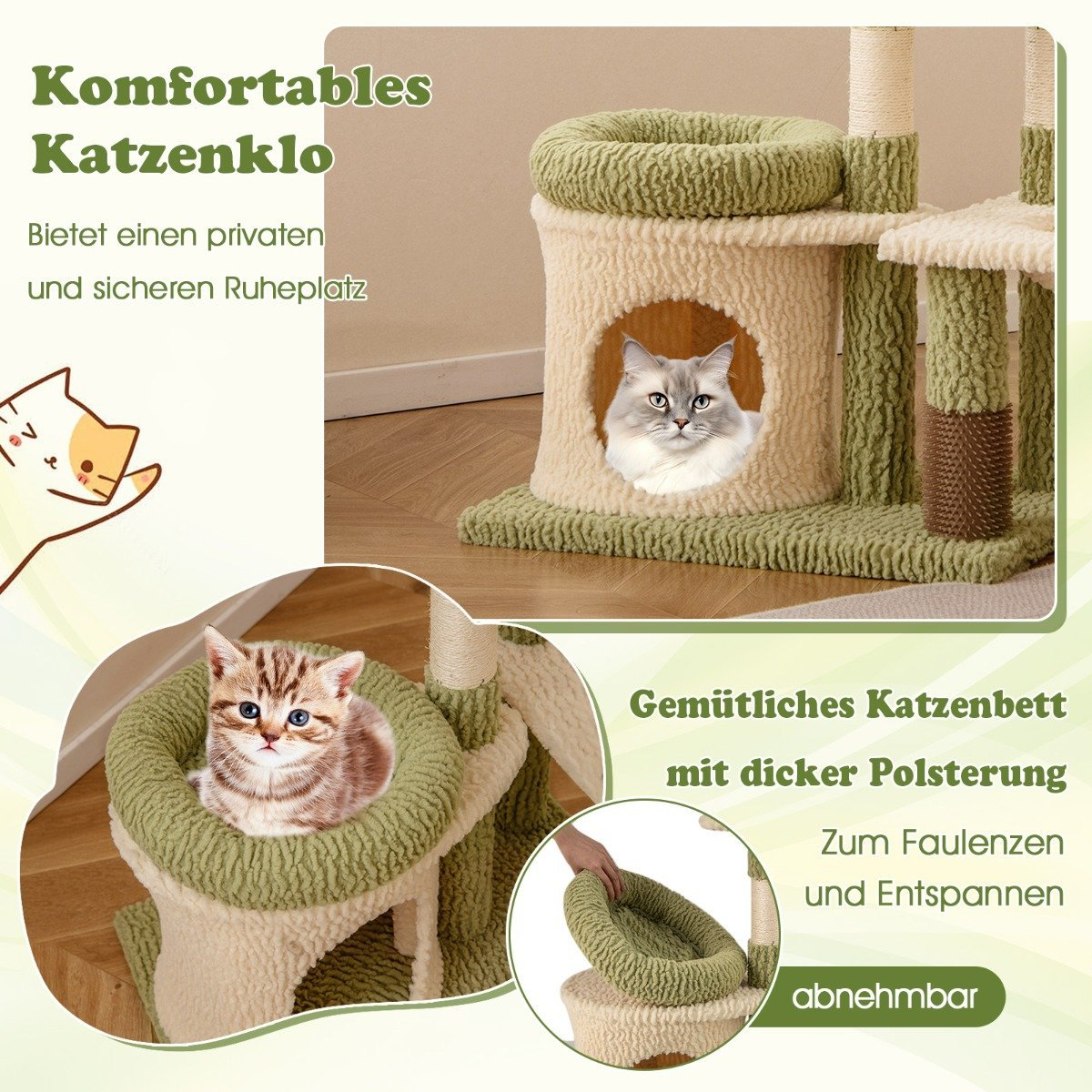 Un árbol para gatos con dos gatos, uno en una cama redonda y otro en un túnel. El árbol es beige y verde, con texto en alemán.