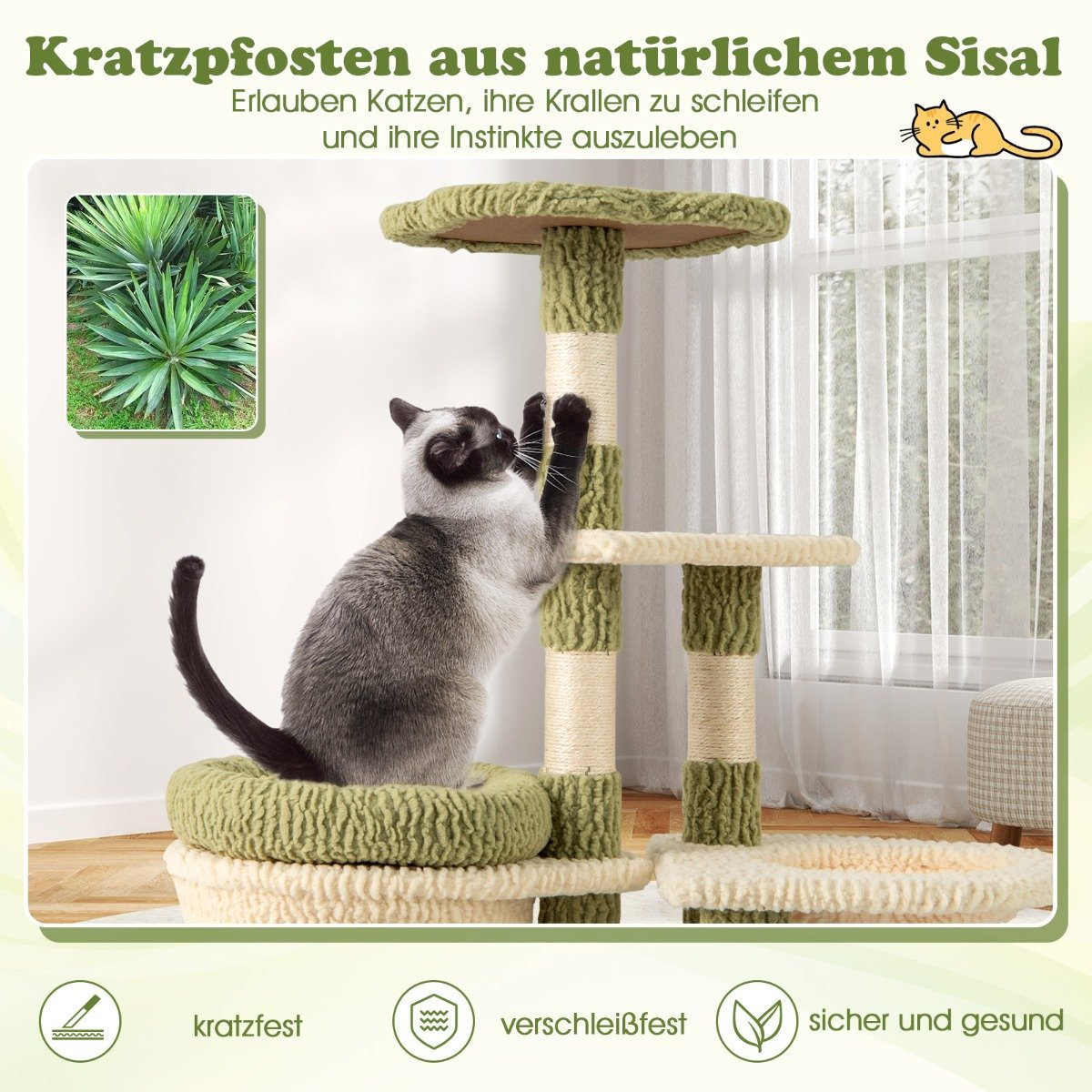 Un gato rascando un rascador de sisal. El poste es verde y beige. Una planta está en una pequeña caja a la izquierda.