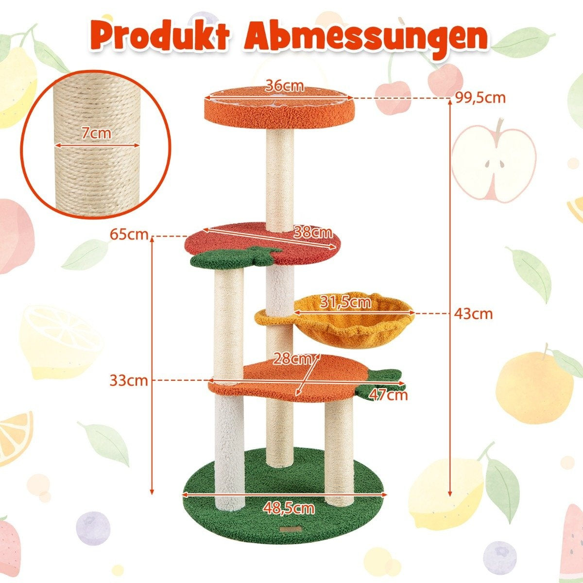 Árbol para gatos con plataformas y hamaca. Las medidas están etiquetadas. Predominan los colores naranja, rojo, verde y beige.