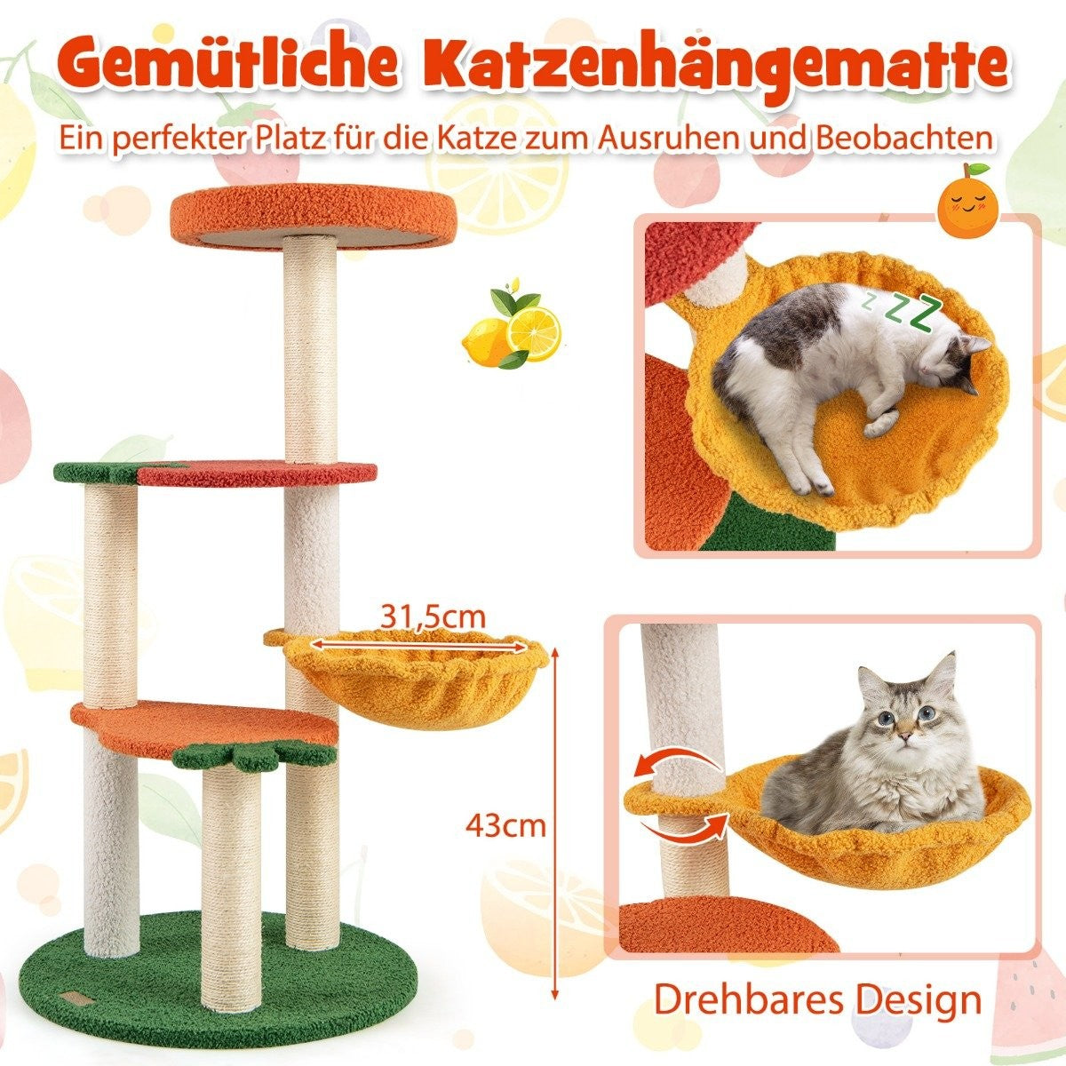 Árbol para gatos con elementos naranjas, verdes y beige. Los gatos descansan en las hamacas. Texto incluye dimensiones y 'Drehbares Design'.