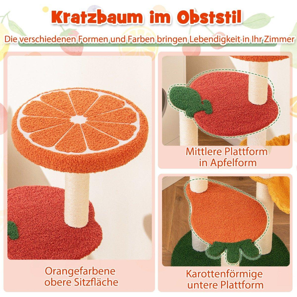 Árbol para gatos con plataformas en forma de fruta: naranja, manzana y zanahoria. Postes beige con detalles verdes y naranjas.
