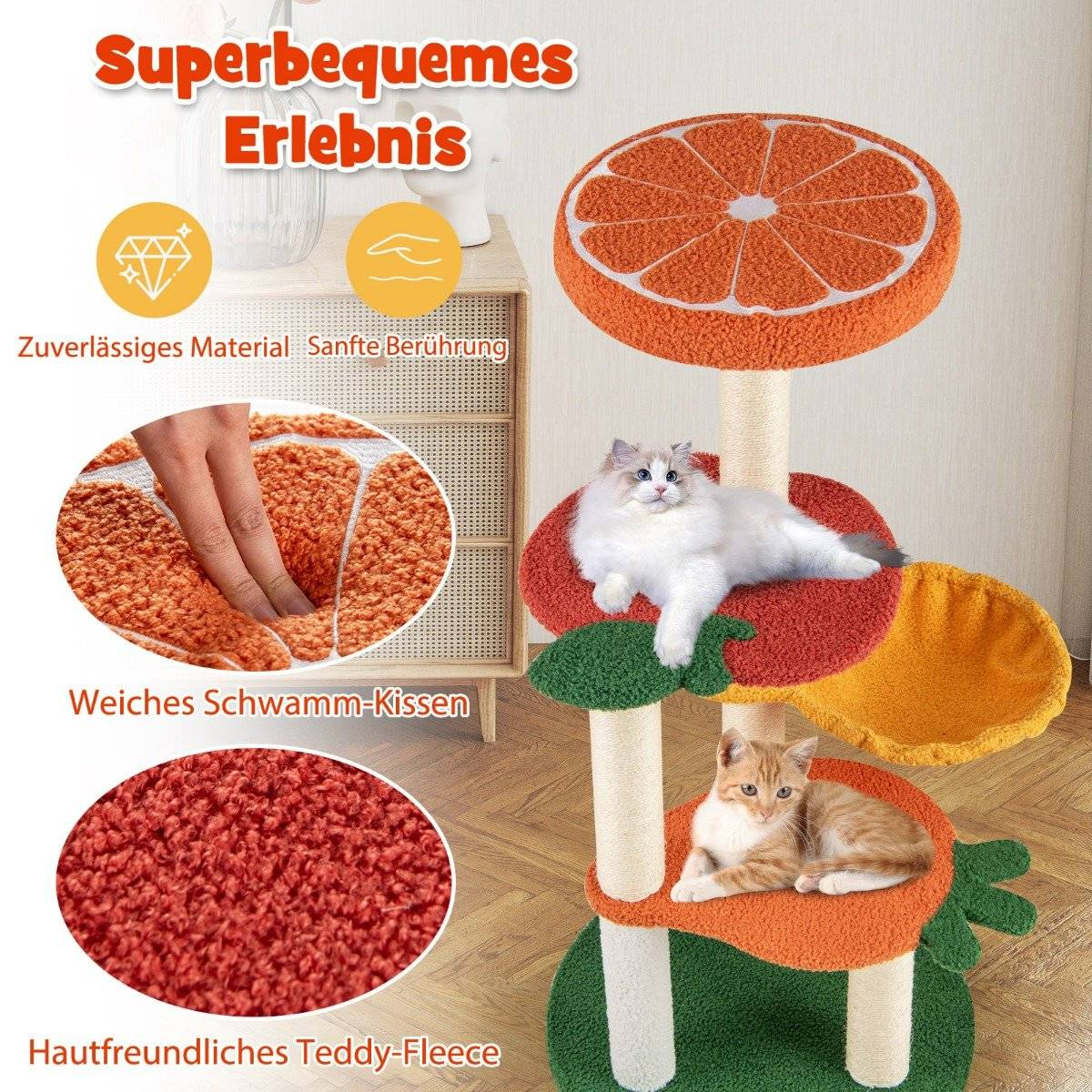 Un árbol para gatos con plataformas naranjas y dos gatos. Un gato blanco arriba y un gato naranja abajo. El árbol tiene un diseño cítrico.
