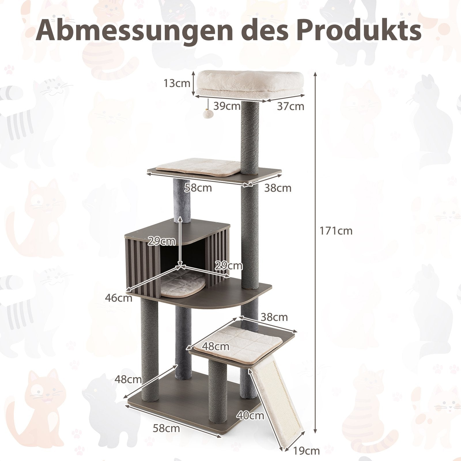 Árbol para gatos con plataformas, rampa y cama superior. Las dimensiones están etiquetadas en el árbol.