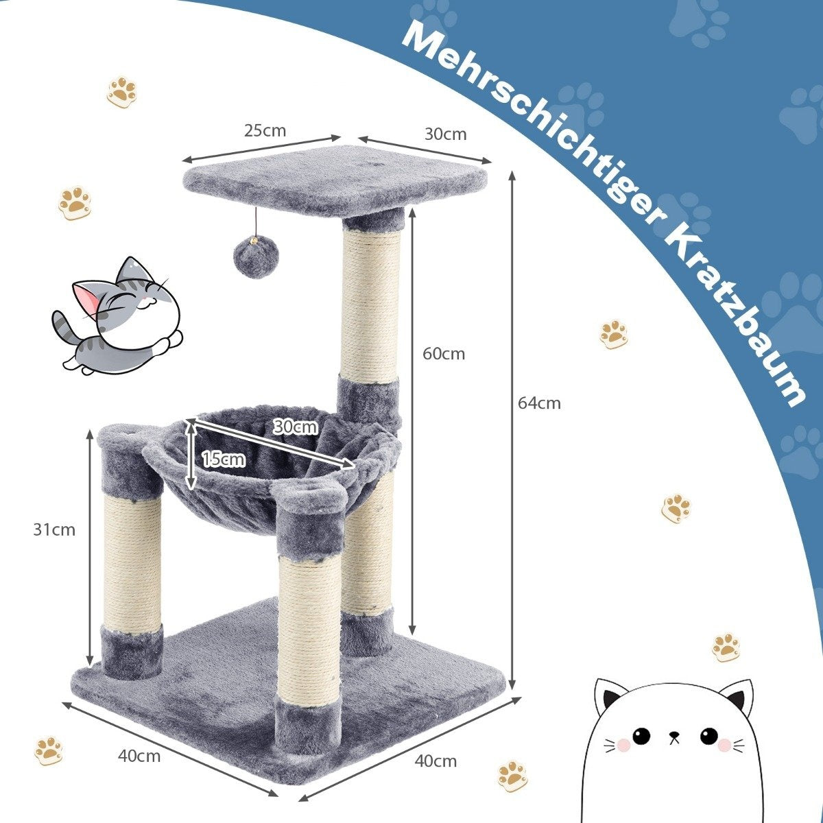 Un árbol para gatos gris con dimensiones etiquetadas. Un gato de dibujos animados está a la izquierda. El texto en alemán dice 'Árbol rascador multicapa'.
