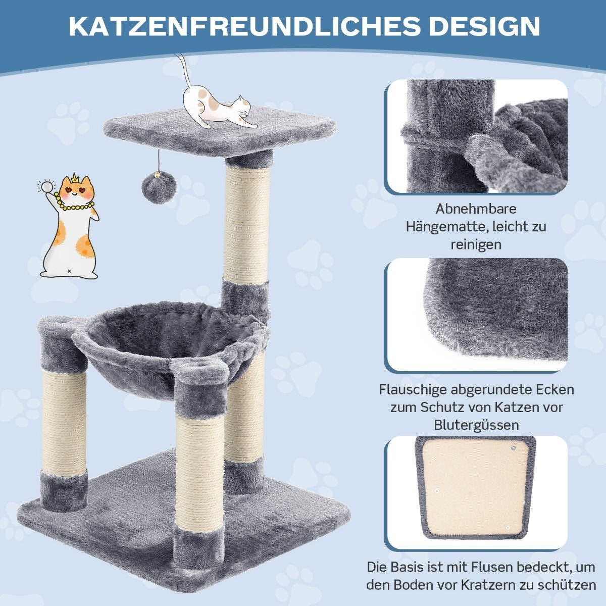 Un árbol para gatos gris con múltiples niveles y postes para rascar. Incluye una hamaca, una plataforma superior y una base. El diseño es para gatos.