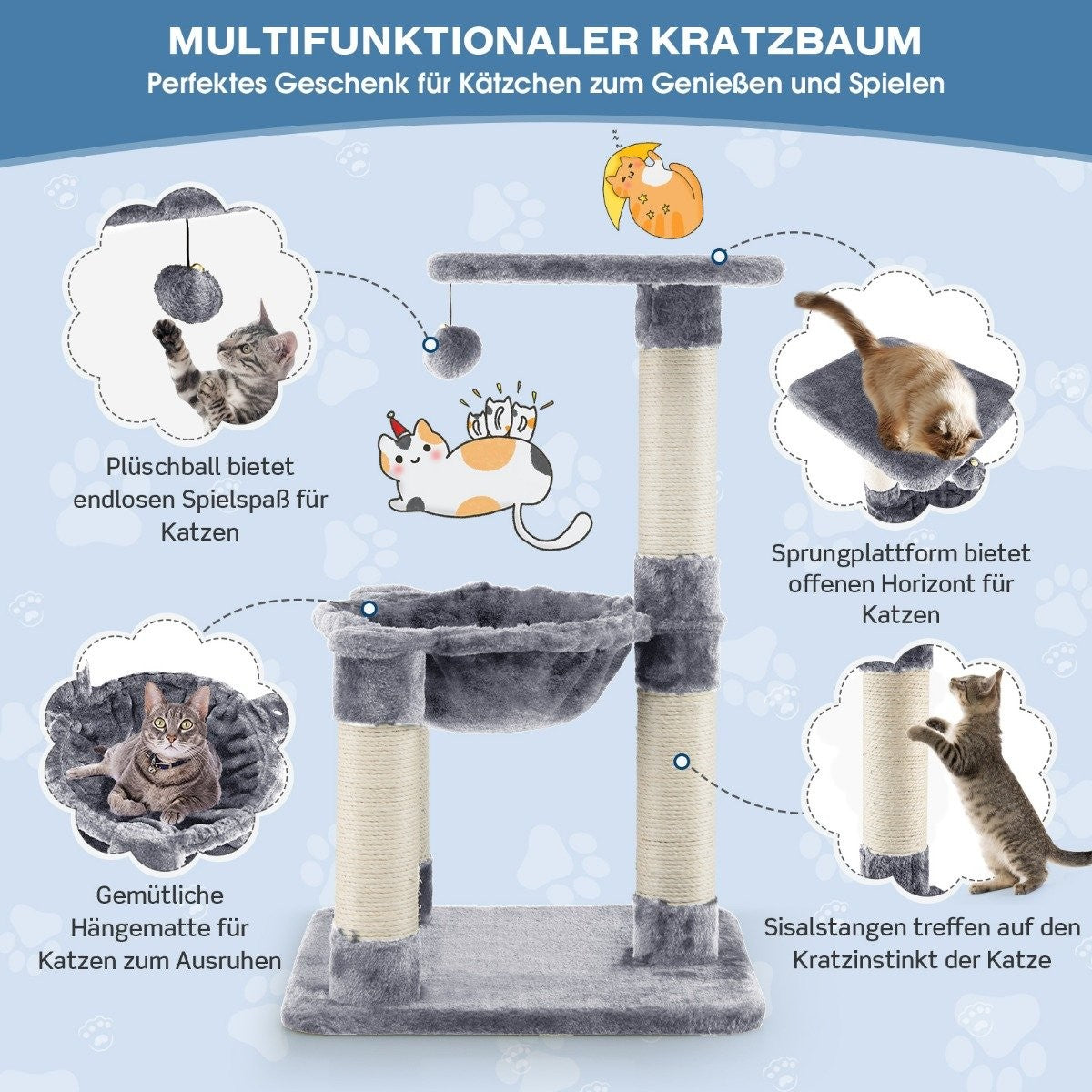 Un árbol para gatos con postes rascadores, una hamaca y plataformas. Se muestran gatos jugando y descansando en el árbol.