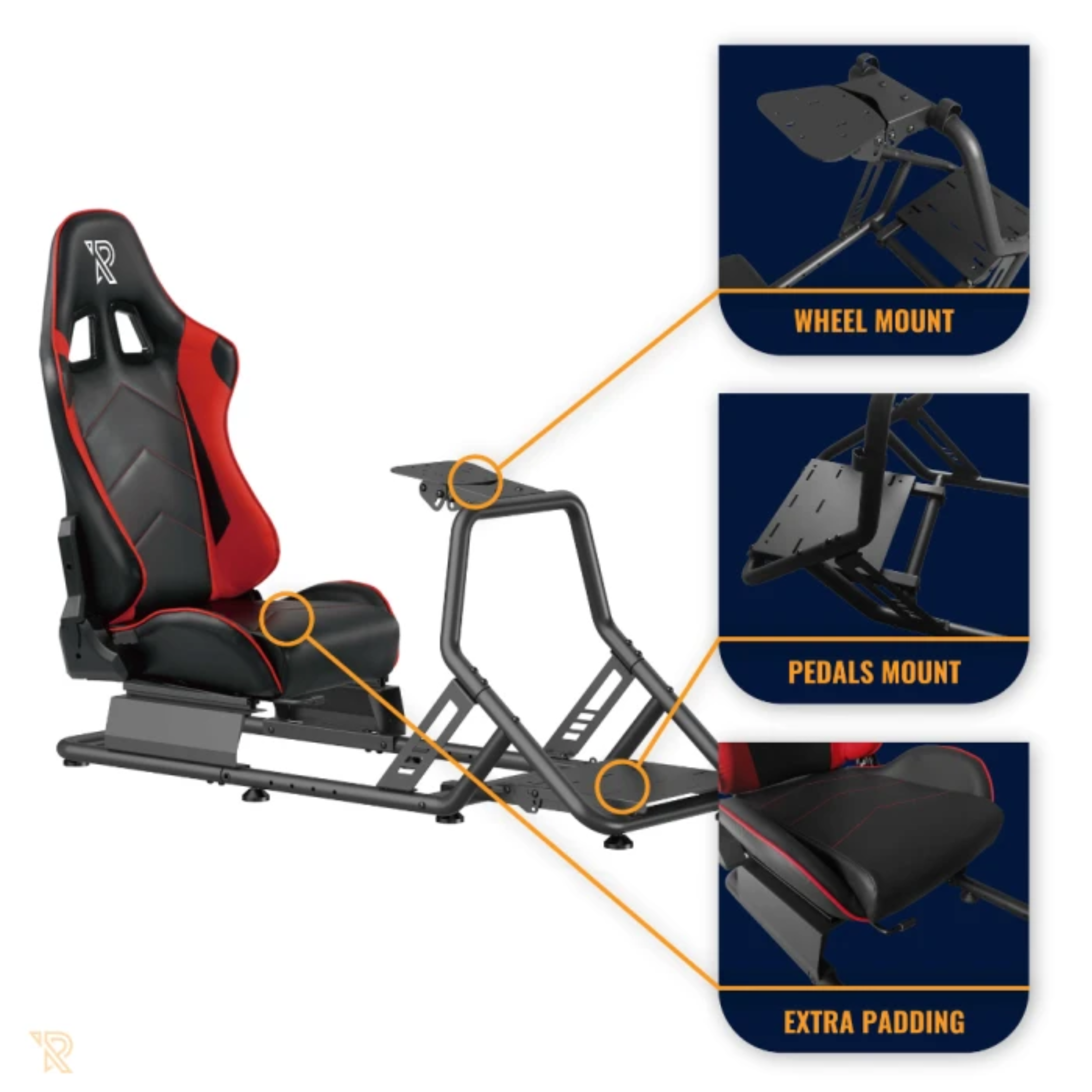 Gaming-Stuhl mit roten und schwarzen Akzenten. Zu den Merkmalen gehören Lenkrad, Pedale und zusätzliche Polsterung.
