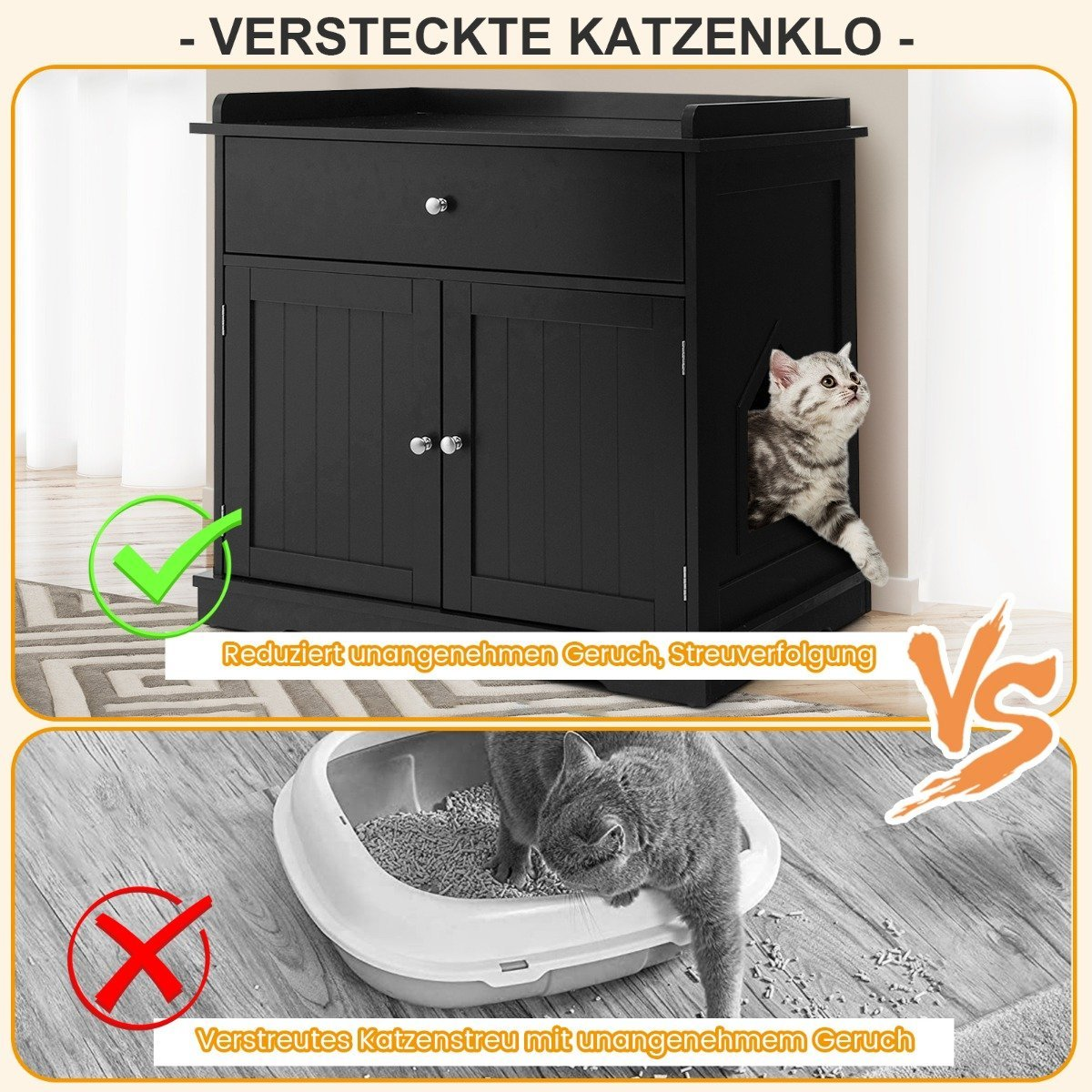 Una caja de arena negra con un gato saliendo. La parte inferior muestra una caja de arena con un gato dentro. Un símbolo Vs los separa.