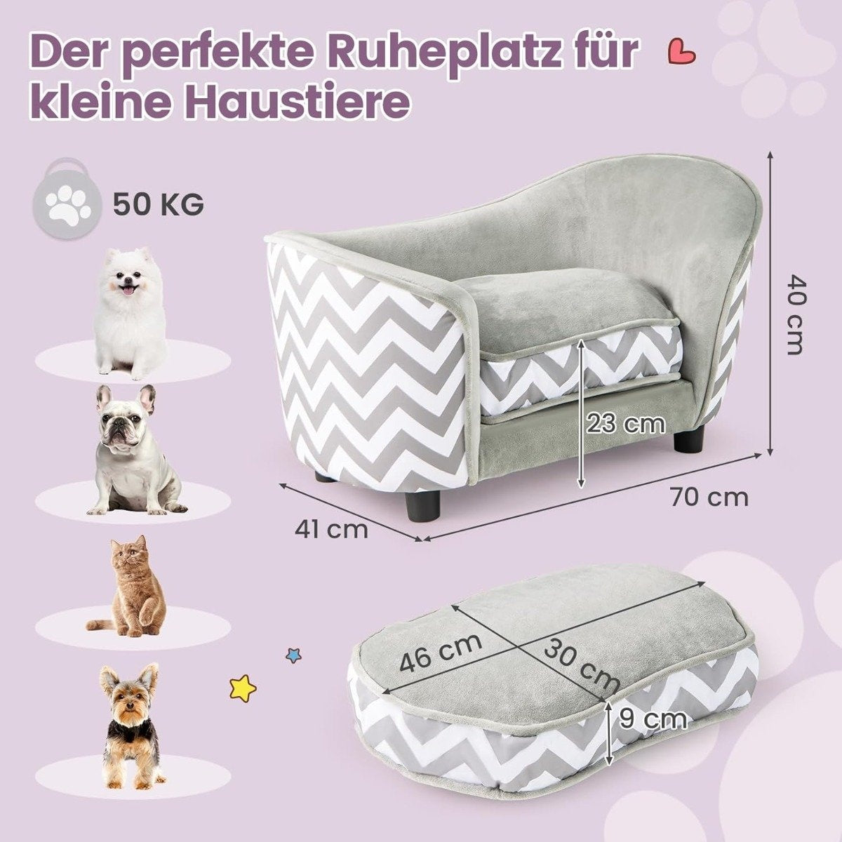 Una cama gris para mascotas con un patrón de chevrón, dimensiones etiquetadas. Se muestran pequeñas mascotas: perro, gato y otro perro junto a ella.