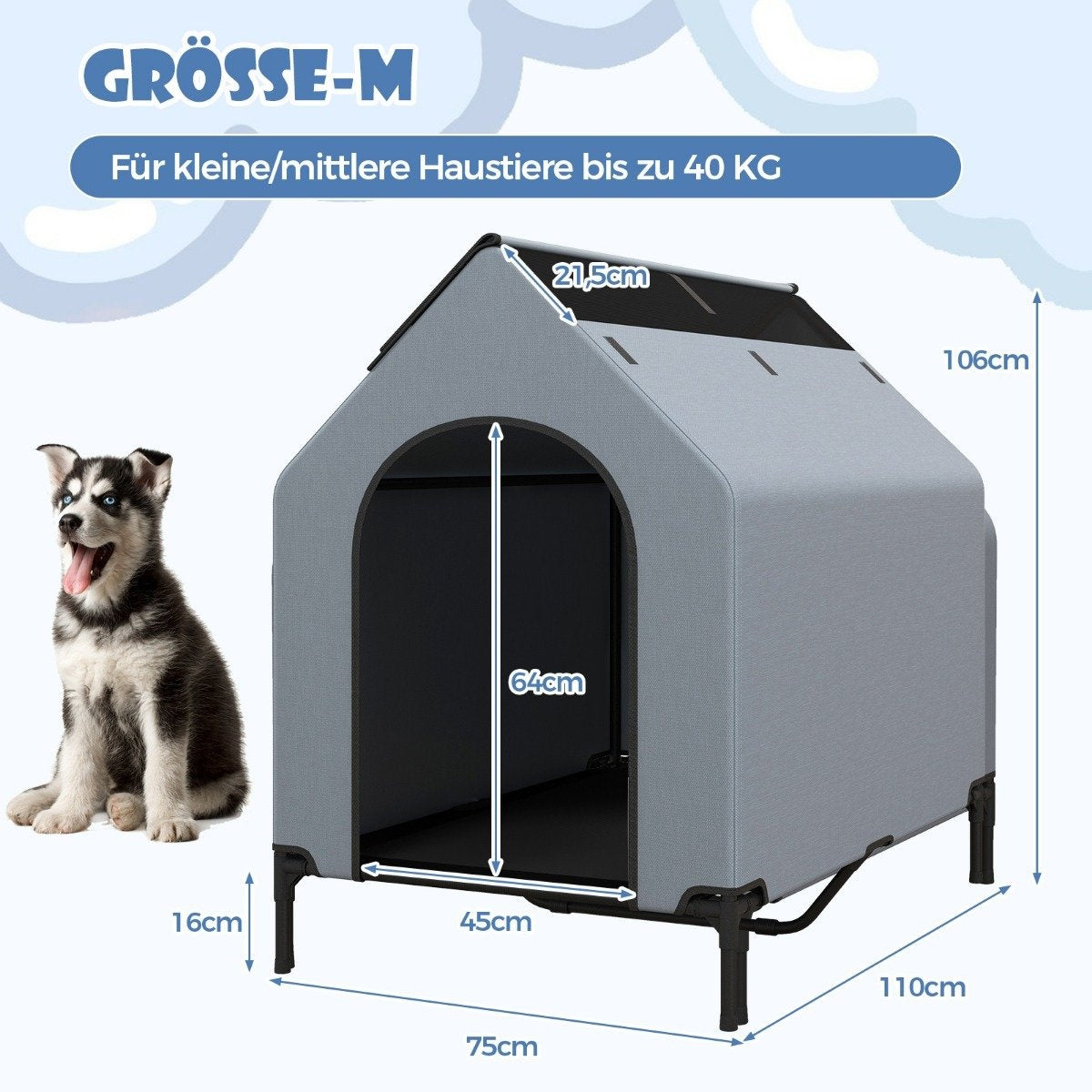 Un cachorro Husky está junto a una caseta gris para perros con dimensiones etiquetadas. El texto superior dice: Talla-M, para mascotas pequeñas/medianas hasta 40 KG.