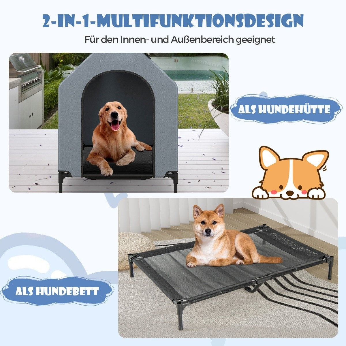 La imagen muestra una caseta y una cama para perros. Un golden retriever descansa en la casa, mientras que un Shiba Inu yace en la cama. El texto dice 'Diseño 2 en 1'.
