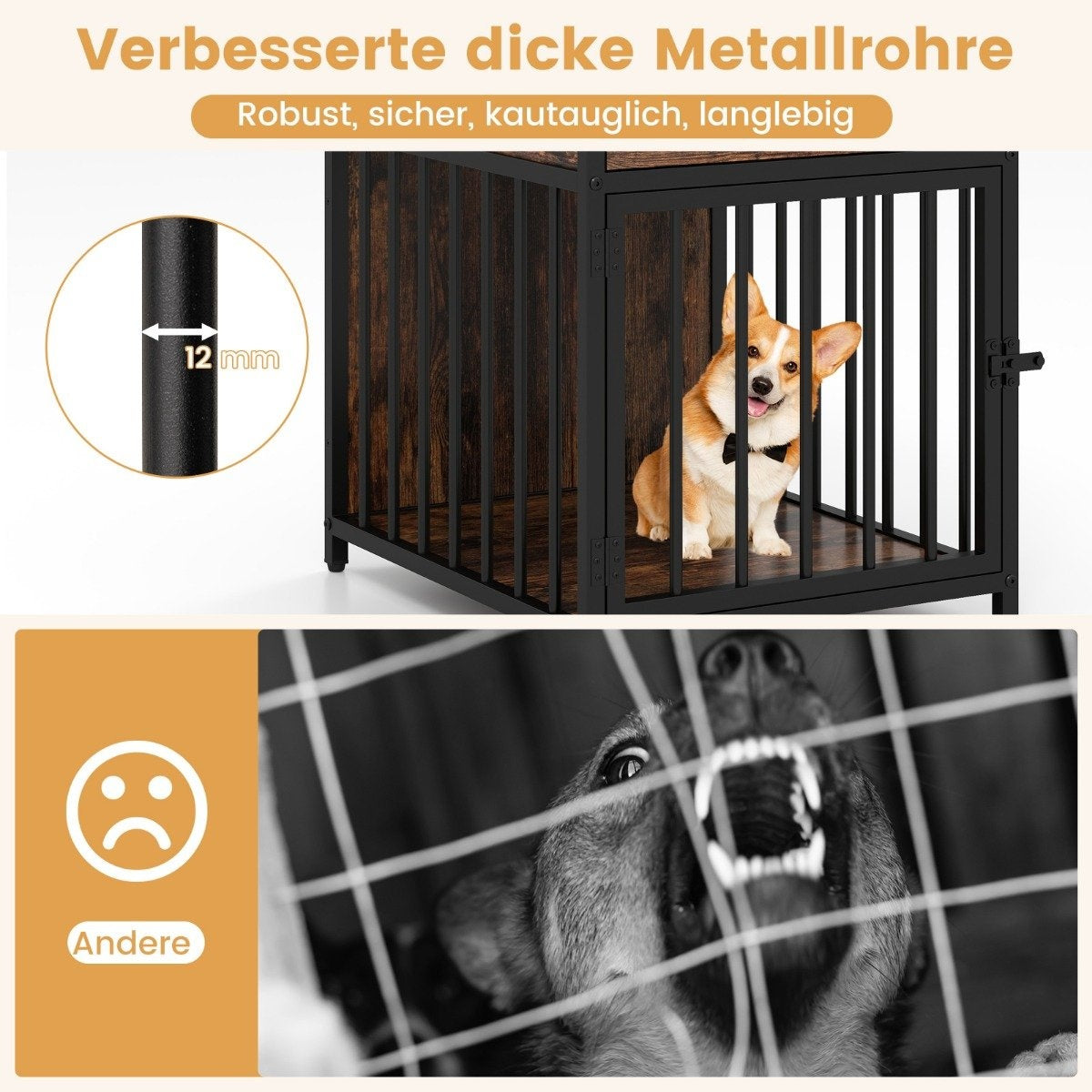 Un perro en una jaula, con pajarita, y otro perro gruñendo detrás de una valla. La jaula es de madera y metal negro.