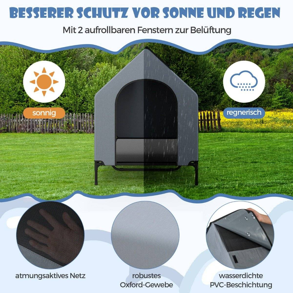 Una caseta para perros gris con ventana de malla negra, que se muestra en condiciones soleadas y lluviosas, con malla transpirable y revestimiento impermeable.