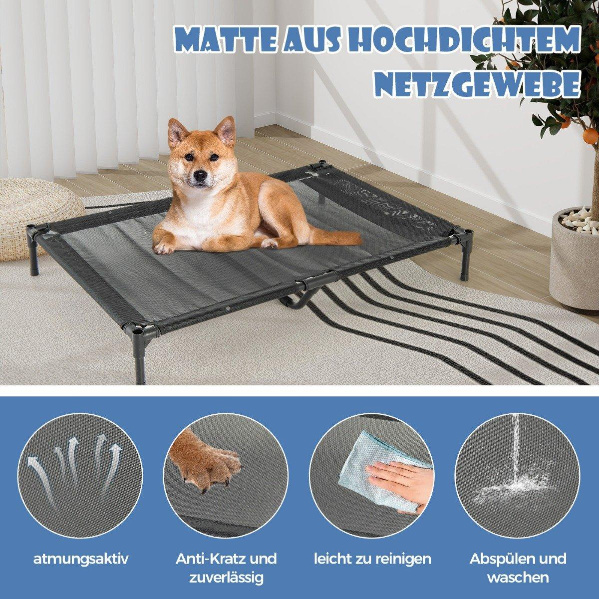 Un perro Shiba Inu está acostado en una cama de malla elevada. El texto de arriba dice 'MATTE AUS HOCHDICHTEM NETZGEWEBE'. Cuatro iconos muestran las características.