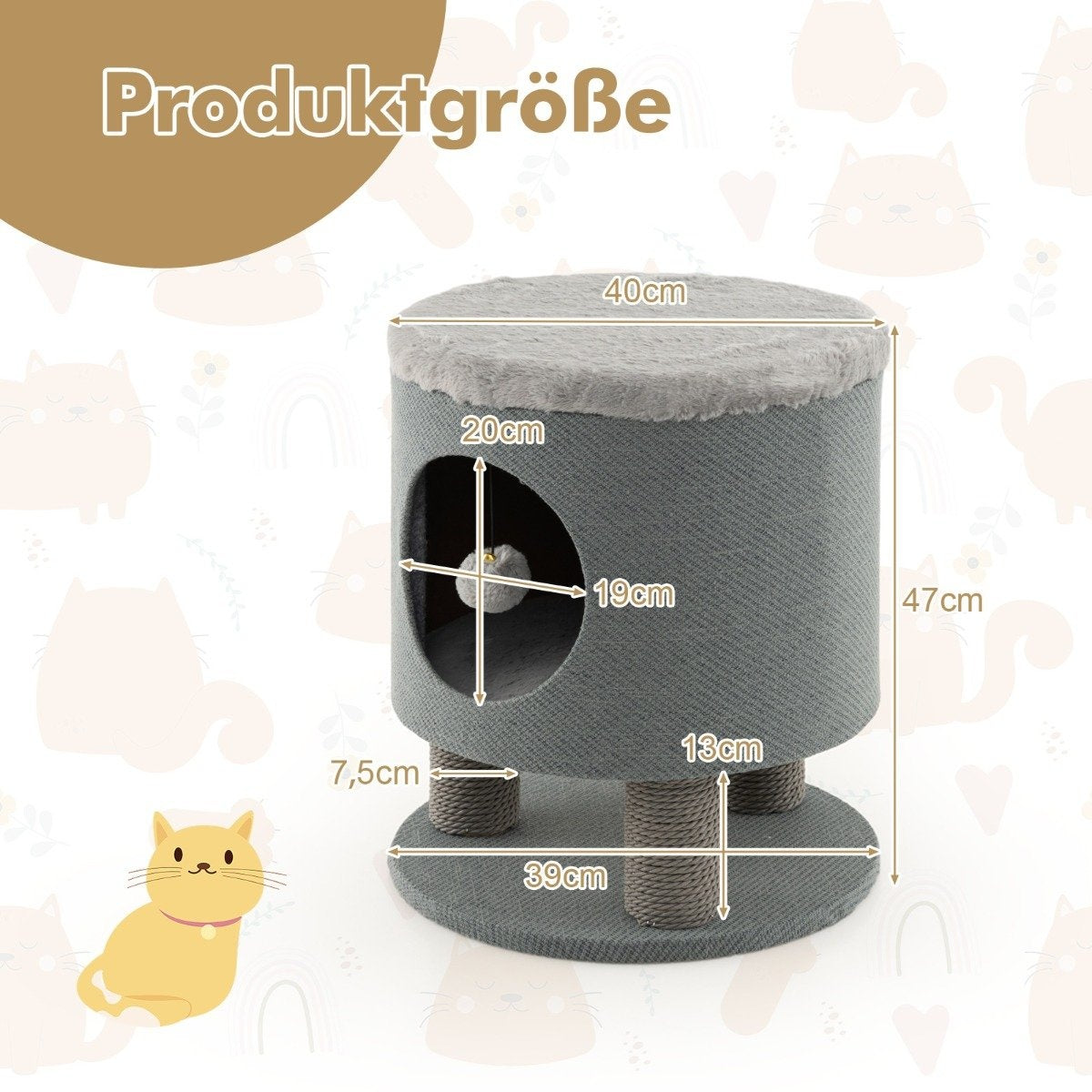 Árbol para gatos con dimensiones, tela gris, parte superior redonda, agujero, tres patas, un juguete dentro. Un gato de dibujos animados.