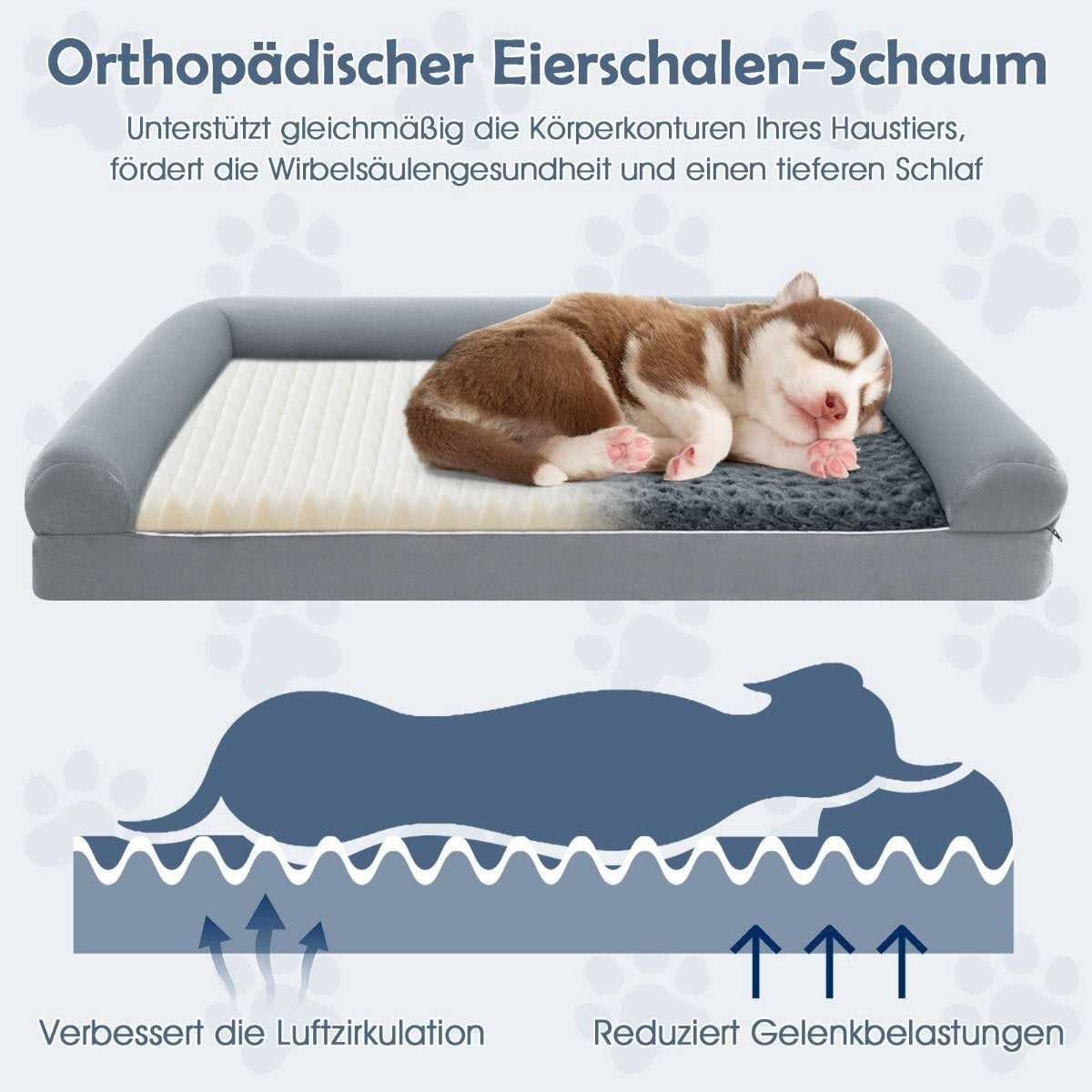 Un cachorro duerme en una cama gris para mascotas. La cama tiene una superficie blanca y gris. El texto promociona espuma ortopédica de cáscara de huevo.