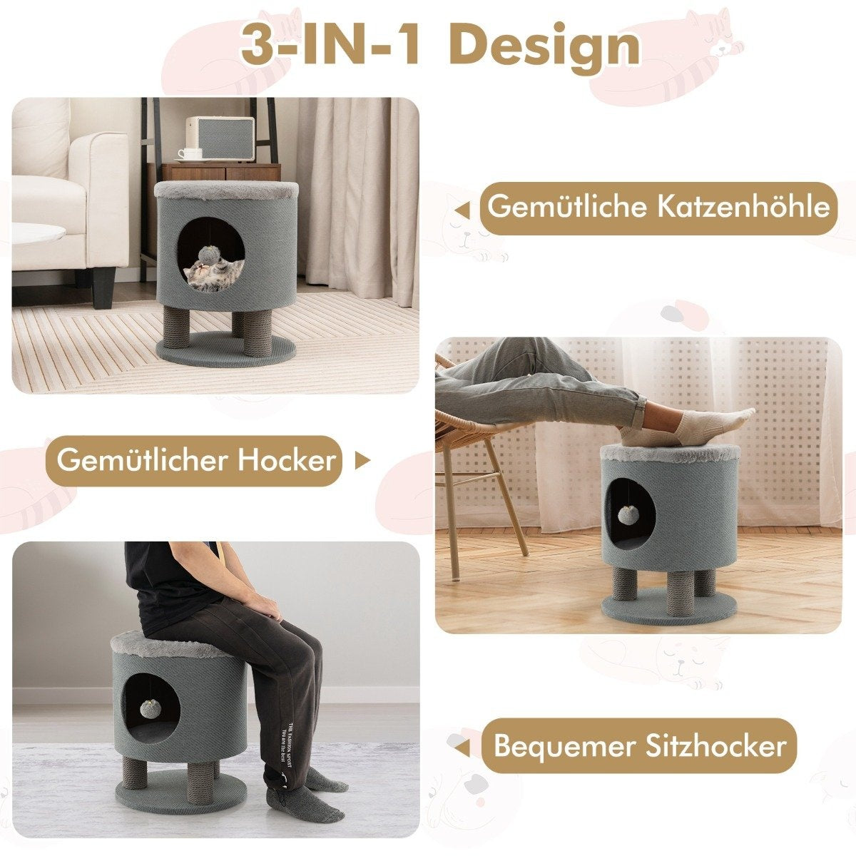 Cama para gatos gris con agujero, se muestra como casita para gatos, taburete y asiento. Las etiquetas de texto resaltan cada uso.