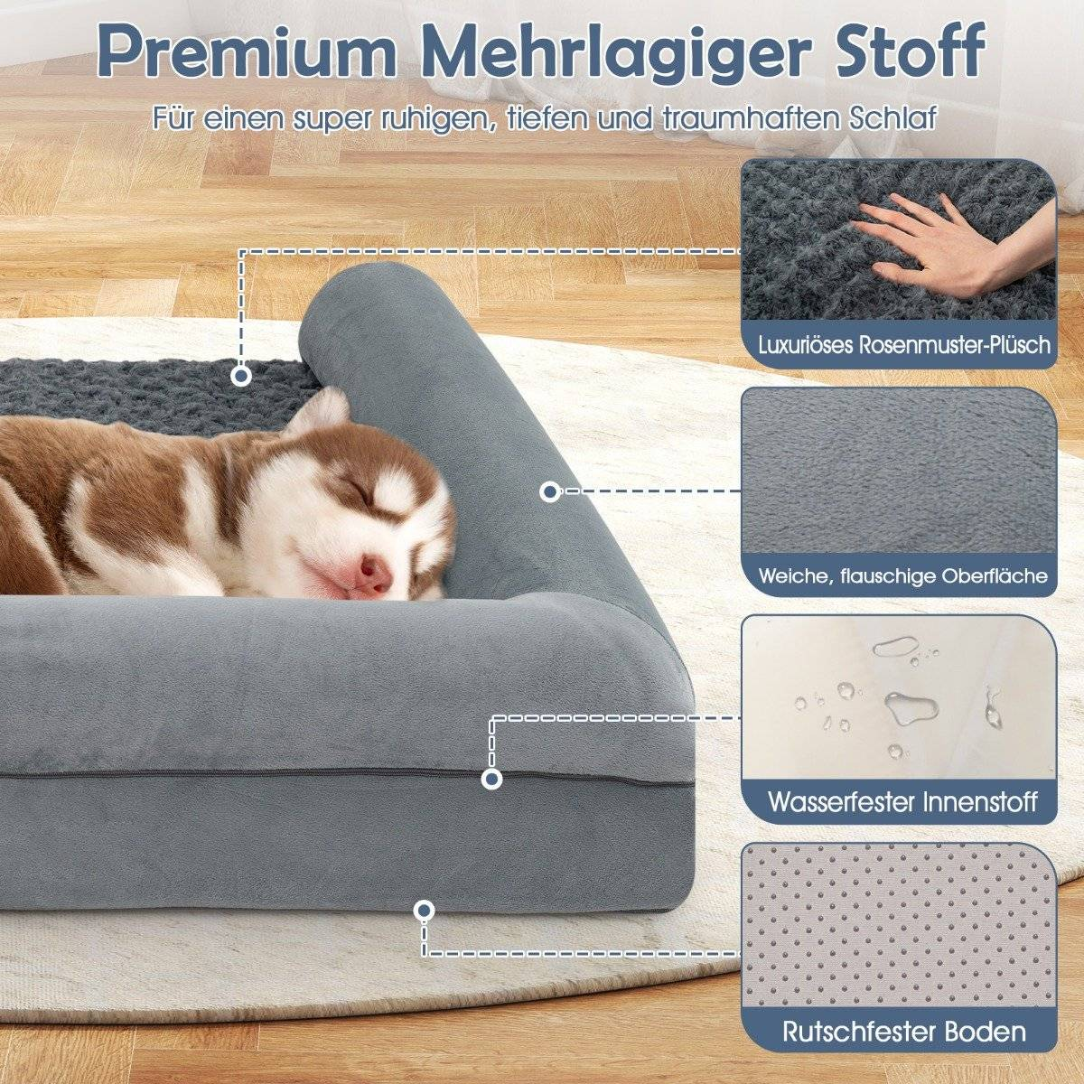Un cachorro duerme tranquilamente en una cama gris para perros. La cama tiene una superficie suave. Texto en alemán promociona la cama.