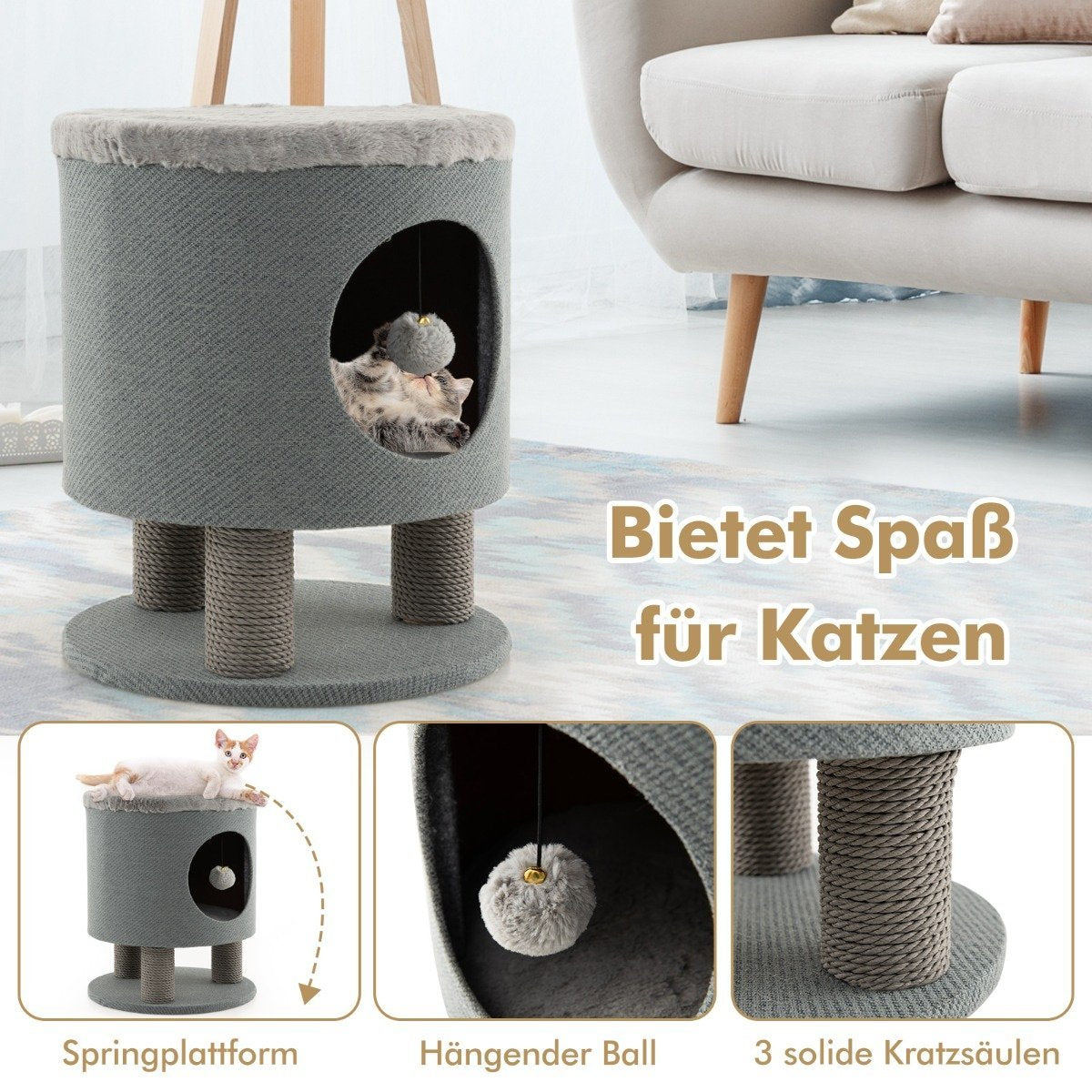 Árbol para gatos gris con gato dentro. Bola colgante y texto 'Bietet Spaß für Katzen'.