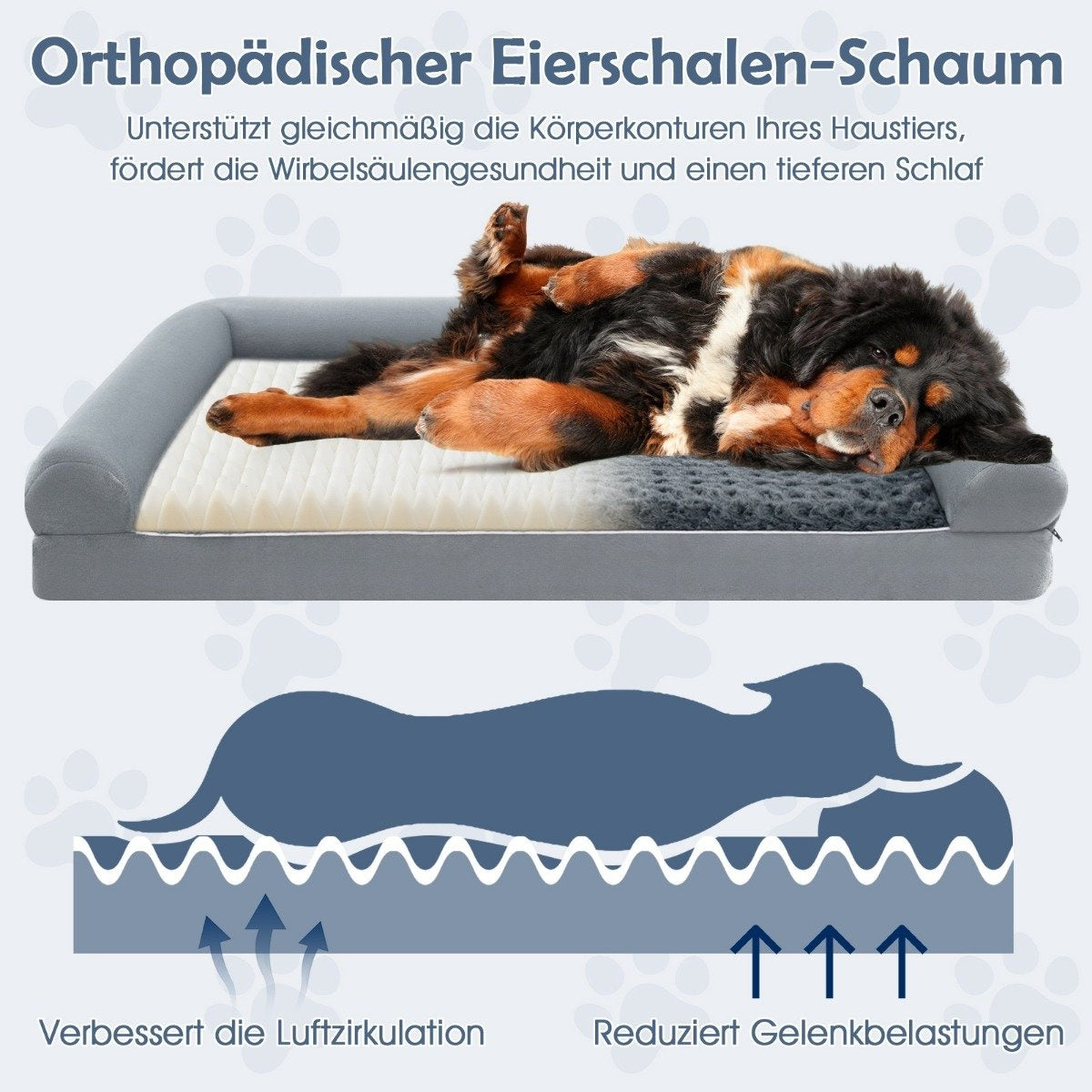 Perro acostado en cama. Cama con superficie blanca y gris. Texto: Espuma ortopédica, apoya la salud de la columna.