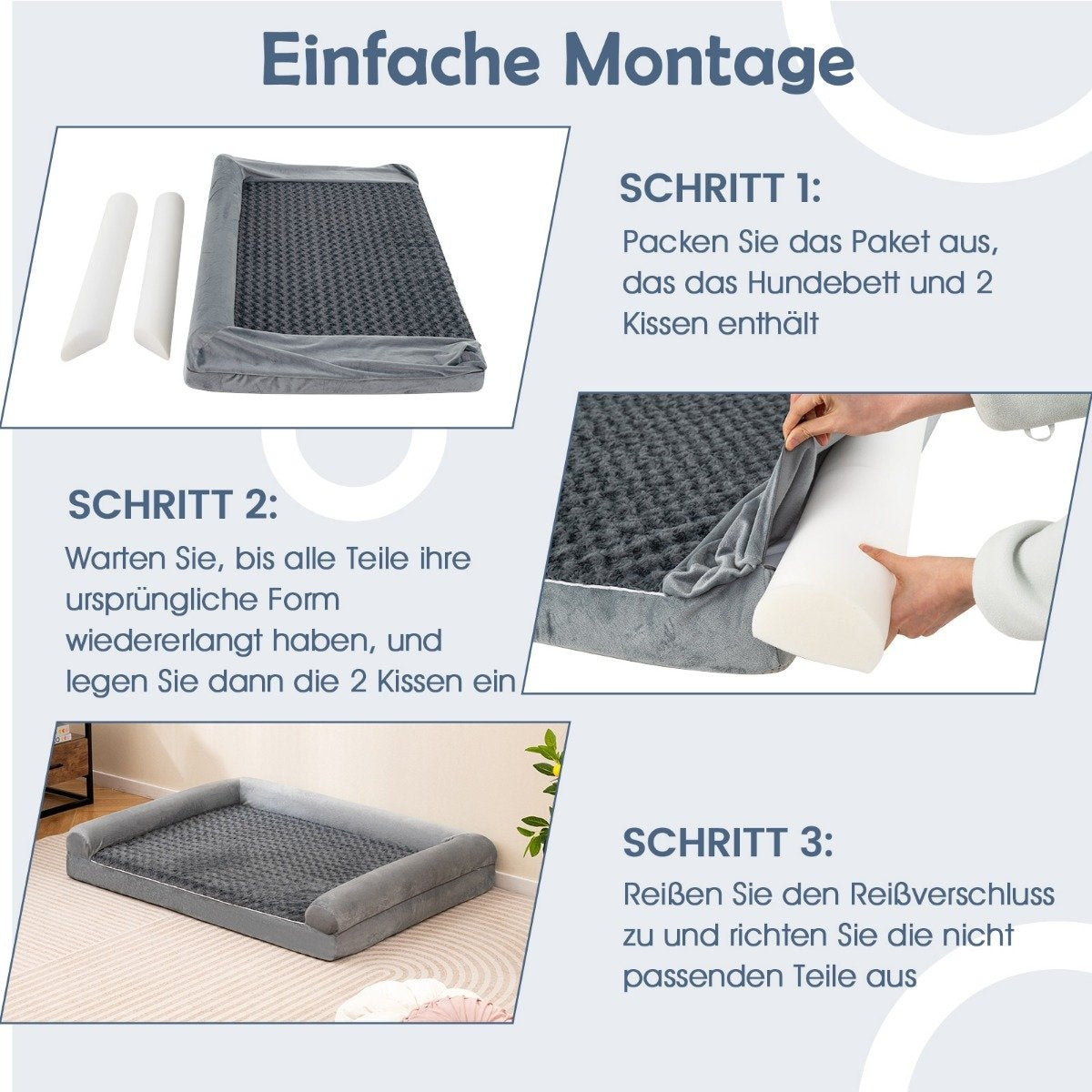 Instrucciones de montaje para una cama para perros. Muestra una cama, almohadas y pasos para montarla. Texto en alemán.