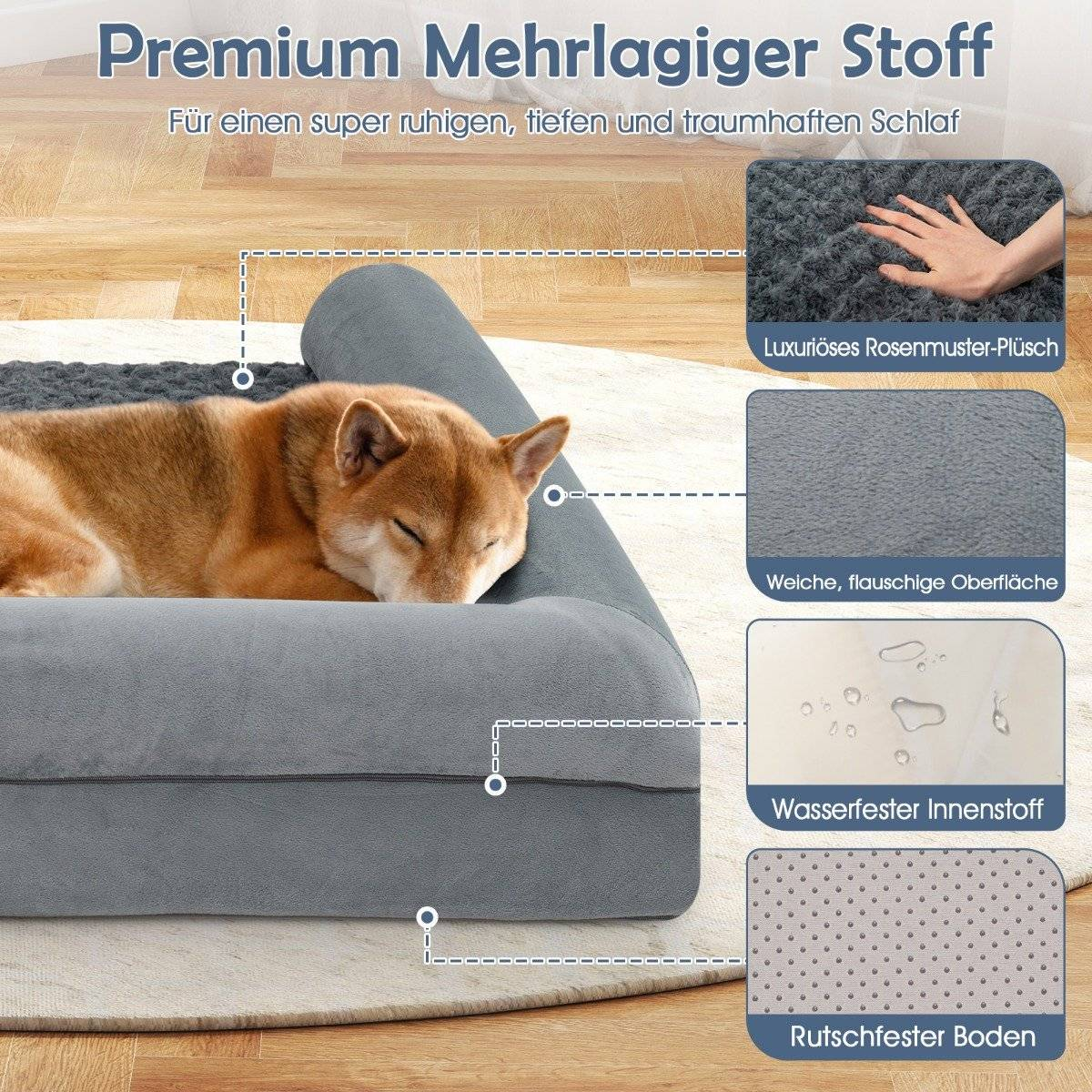 Un perro Shiba Inu durmiendo en una cama gris para perros. La cama tiene un refuerzo y está sobre una alfombra crema.