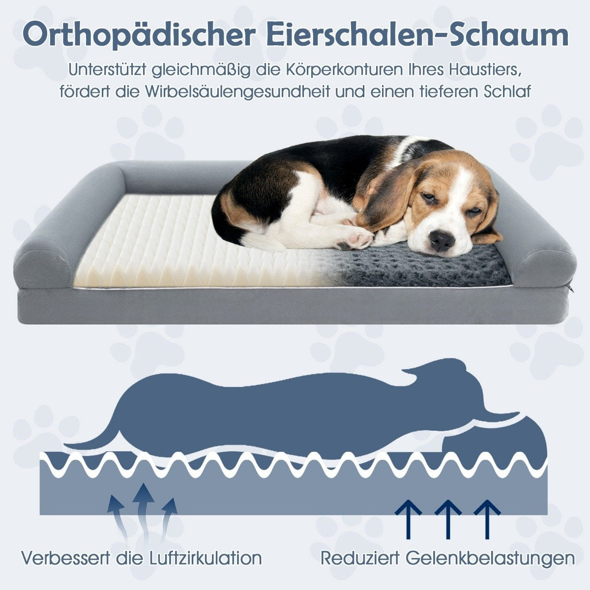 Un perro beagle descansa en una cama. La cama es gris con un colchón blanco y gris. Texto en alemán promociona los beneficios.