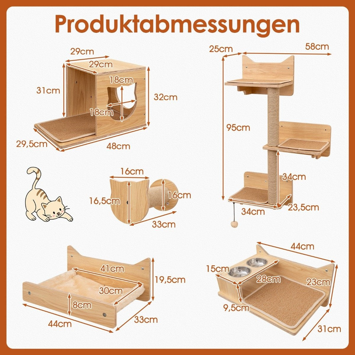 Diagrama de muebles para gatos con dimensiones. Incluye un árbol para gatos, una cama y cuencos para comida. Un gato está dibujado junto a los muebles.