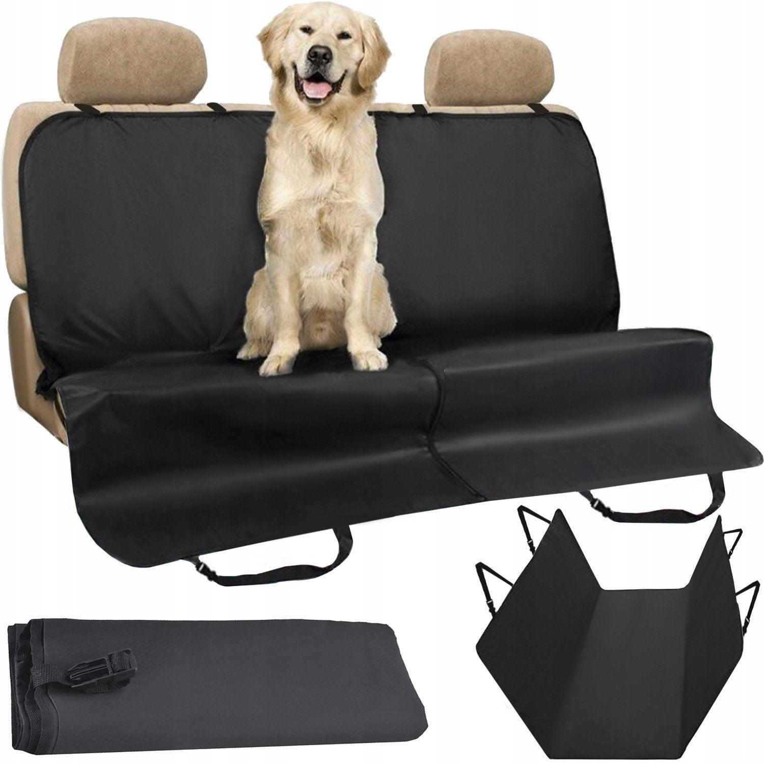 Un golden retriever sentado sobre una funda negra para asiento de coche. La funda protege el asiento. El fondo muestra los reposacabezas del coche.