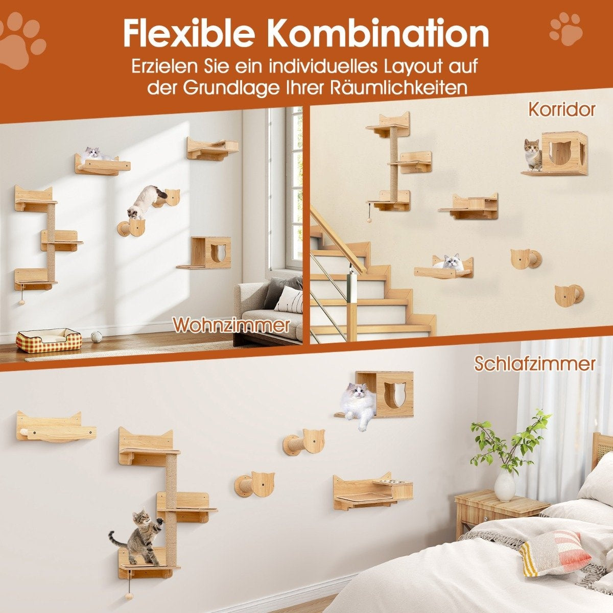 La imagen muestra arreglos de muebles para gatos en tres habitaciones diferentes, con gatos en estantes y rascadores.