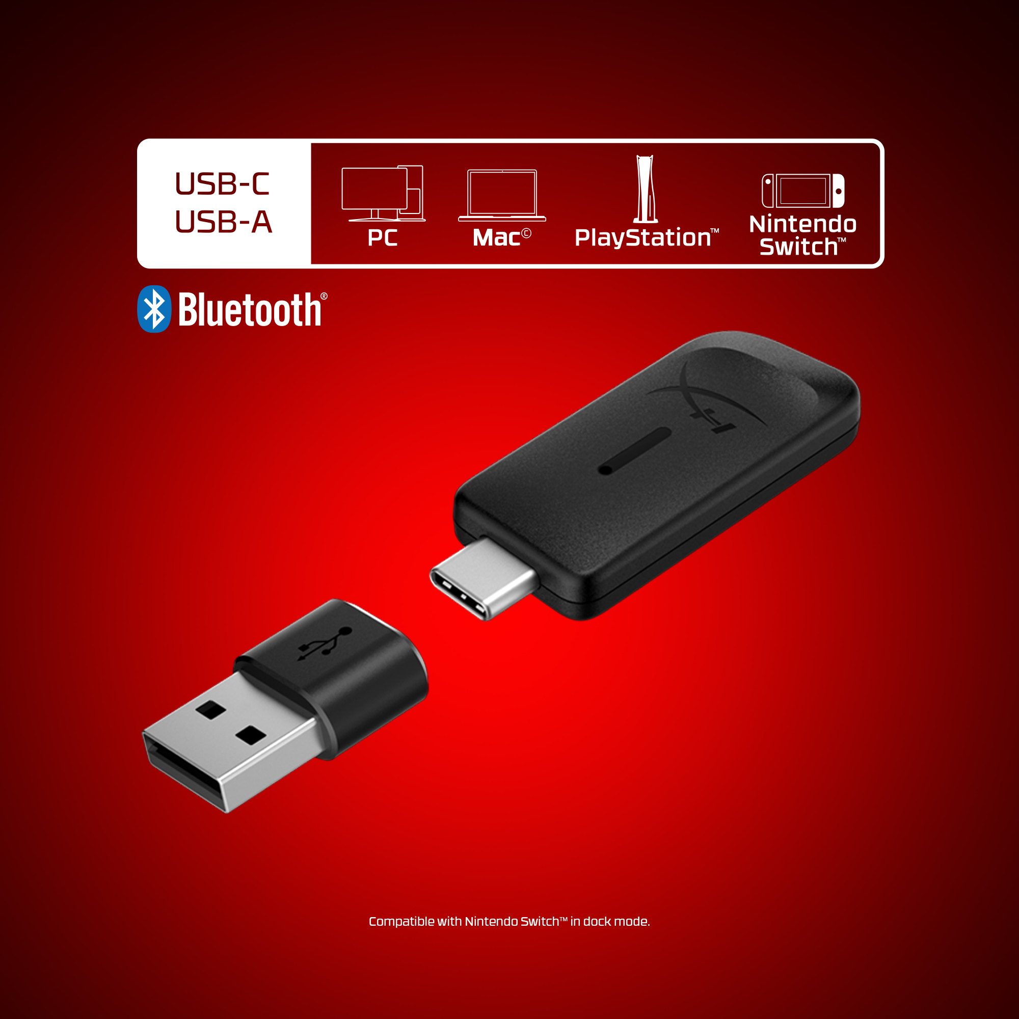 Pokazano czarny adapter USB ze złączem USB-C i USB-A. Kompatybilny z PC, Mac, PlayStation i Nintendo Switch.