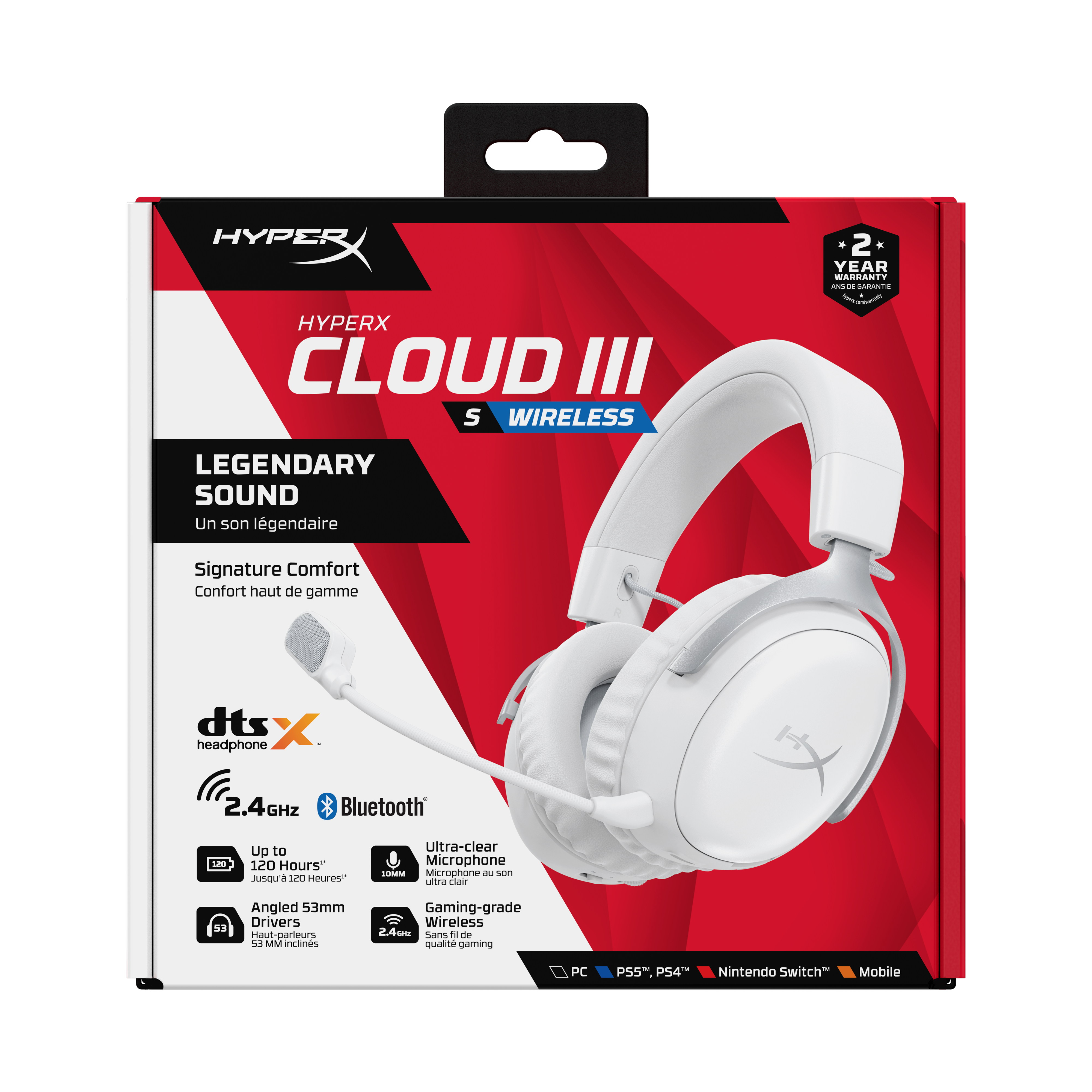Auriculares inalámbricos blancos HyperX Cloud III S en una caja roja y blanca. Incluye 2,4 GHz, Bluetooth y 120 horas.