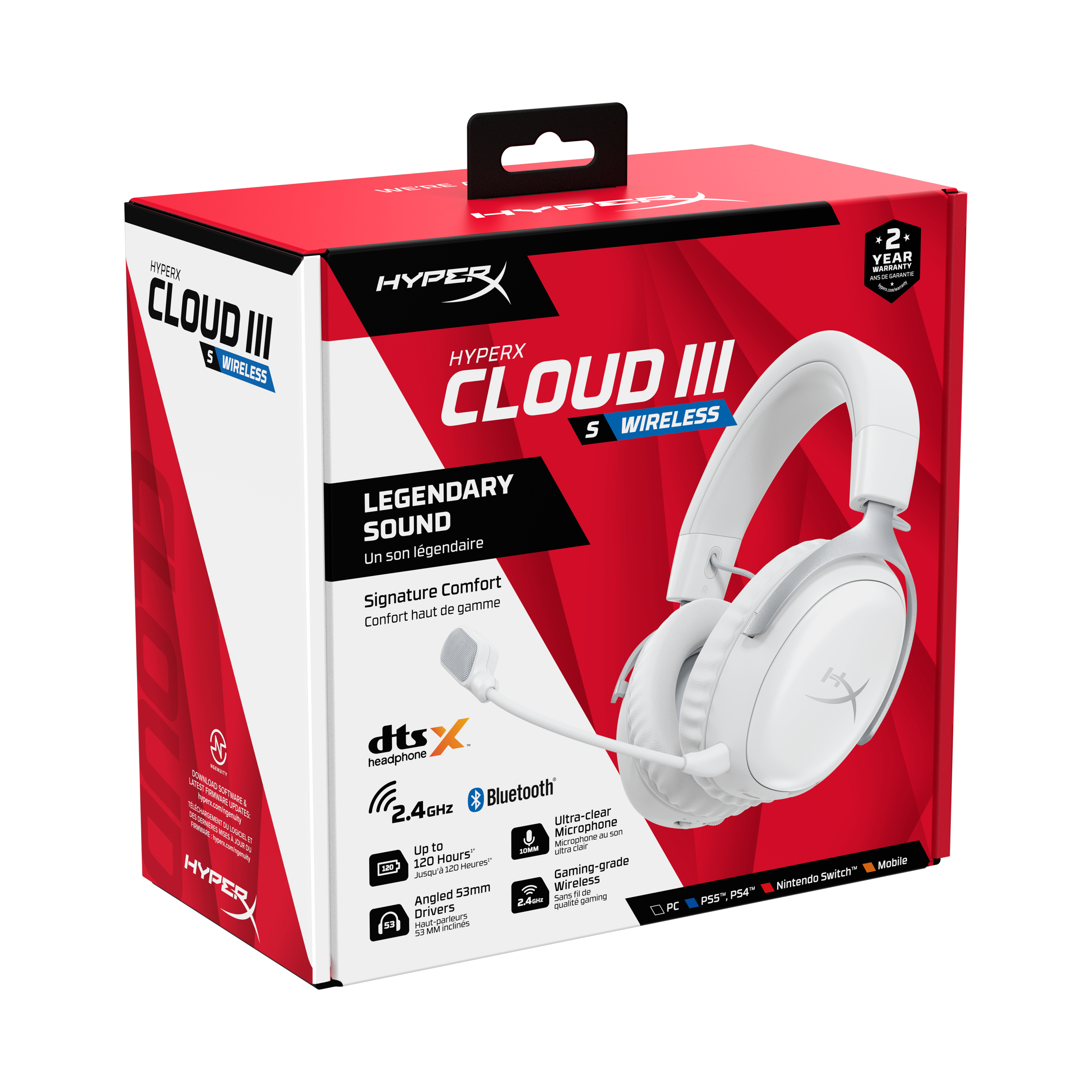 Una caja blanca de auriculares inalámbricos para juegos HyperX Cloud III. Gráficos rojos y blancos con texto e imagen de auriculares.