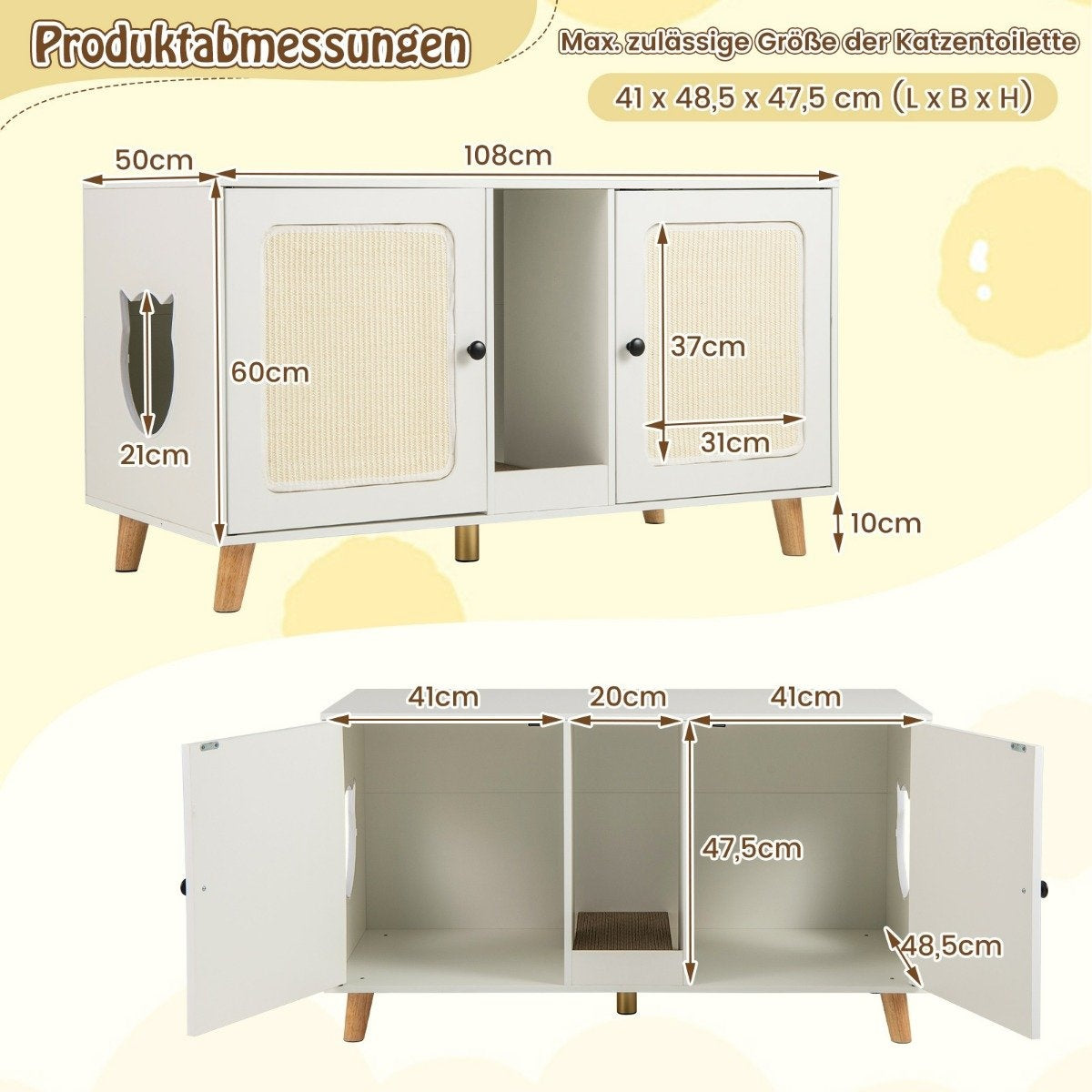 Gabinete blanco para arenero de gato. Tiene dos puertas y una abertura. Las dimensiones están en cm.