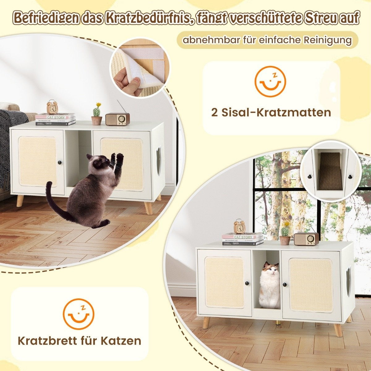 Dos casas para gatos con rascadores de sisal. Se muestran gatos usando las esteras. El texto incluye 'Kratzbrett für Katzen' y '2 Sisal-Kratzmatten'.