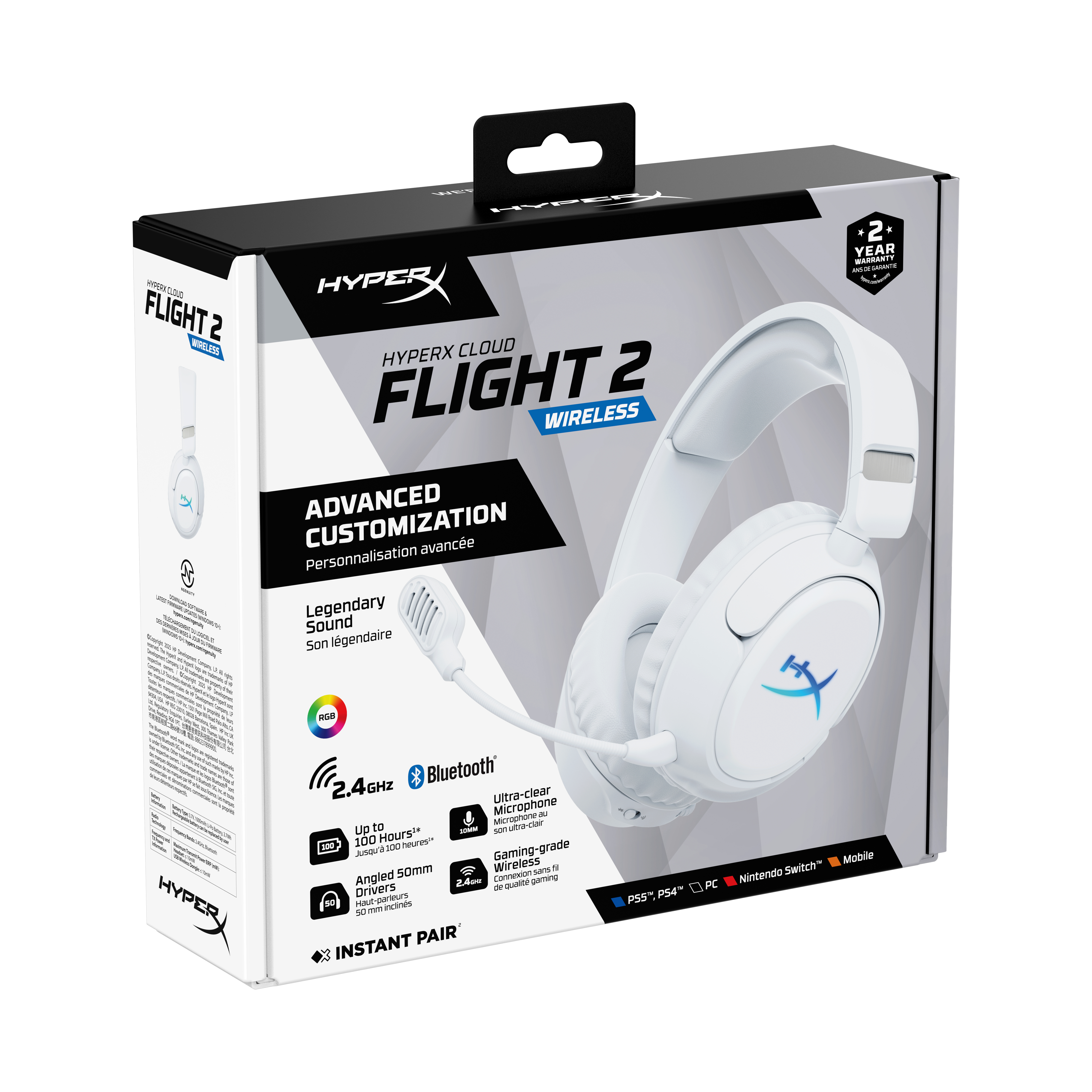 Scatola cuffie wireless HyperX Cloud Flight 2 bianca. Include wireless, microfono e compatibilità PlayStation.