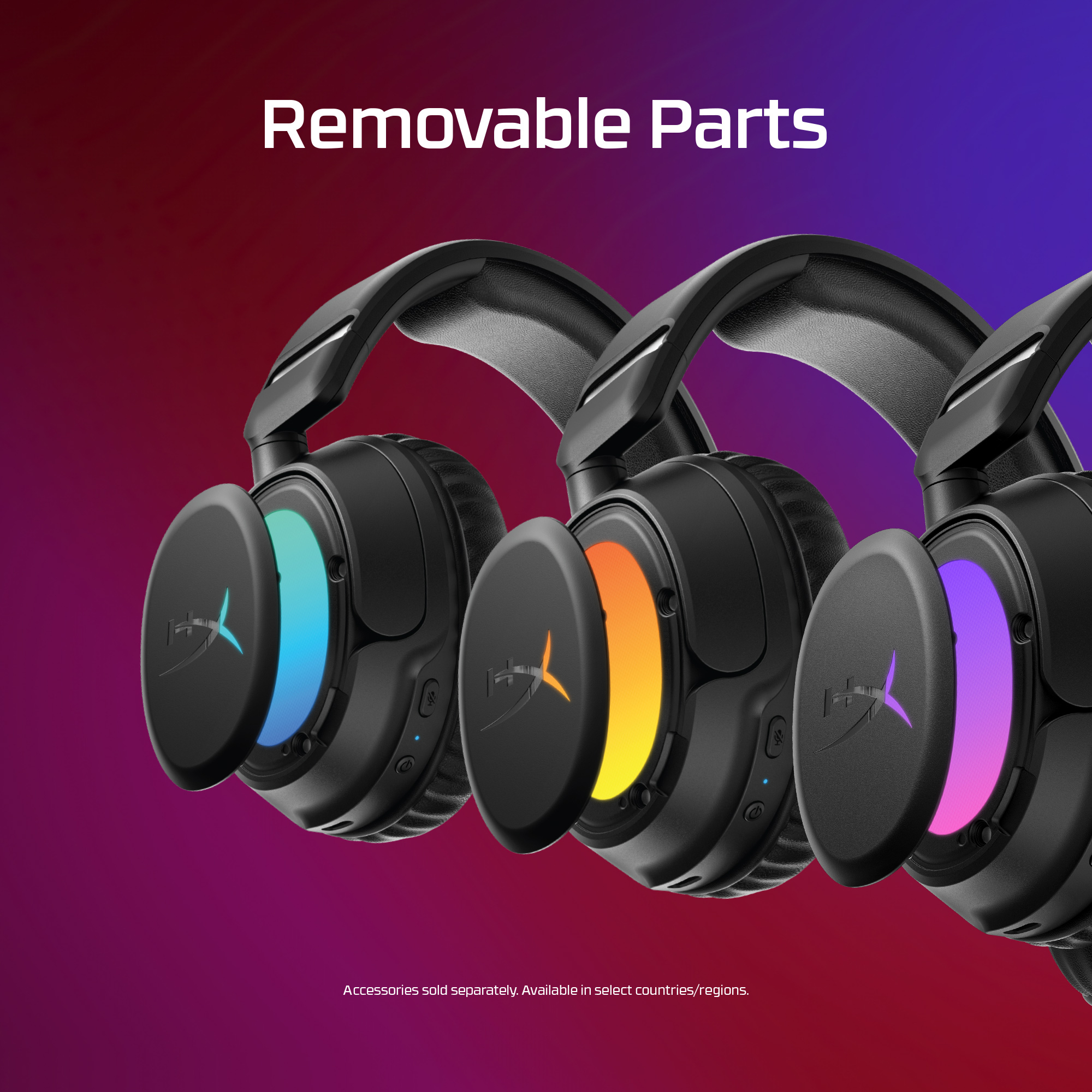 Tre cuffie nere con parti rimovibili, ognuna con un interno di colore diverso: blu, arancione e viola.