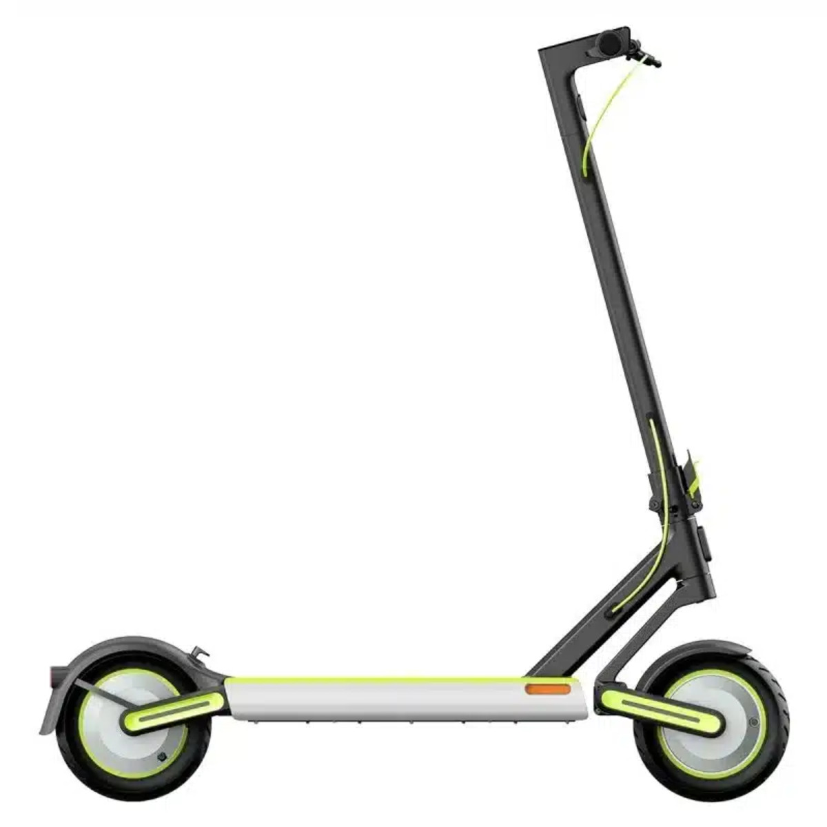 Un patinete eléctrico blanco y negro con detalles en verde lima. Tiene dos ruedas, manillar y plataforma para los pies.