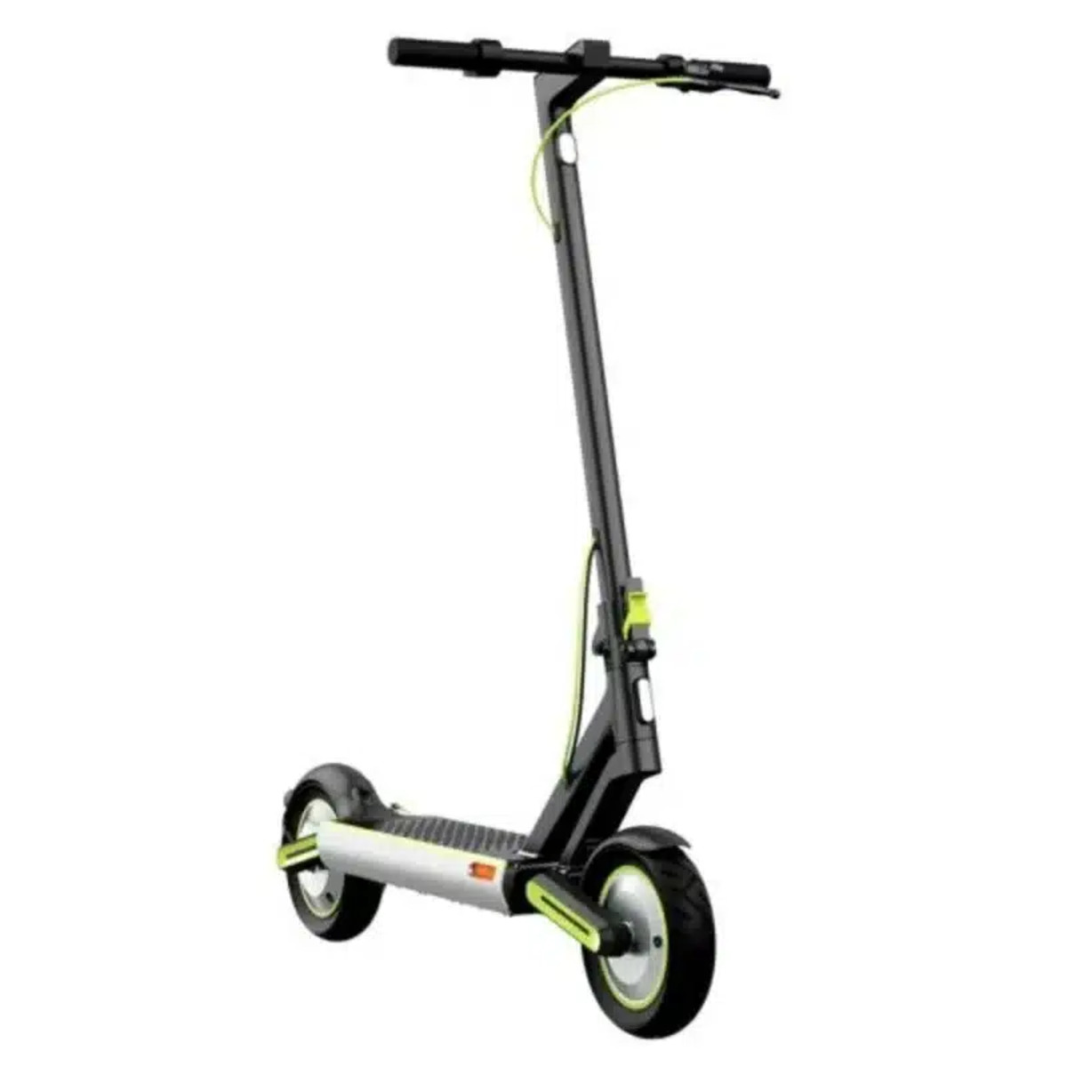 Scooter eléctrico negro con detalles verde neón sobre fondo blanco. Tiene manillar, dos ruedas y una plataforma.