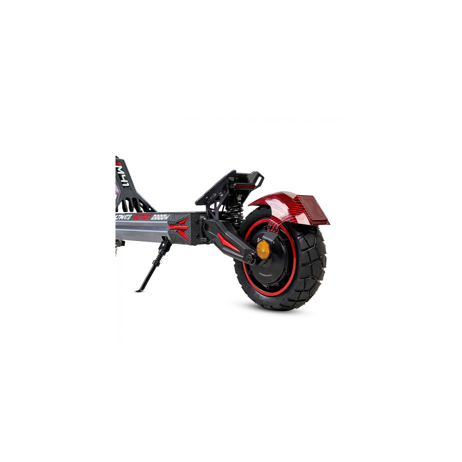 Scooter elettrico con dettagli rossi. Telaio nero, parafango rosso e grande ruota nera con dettagli rossi.