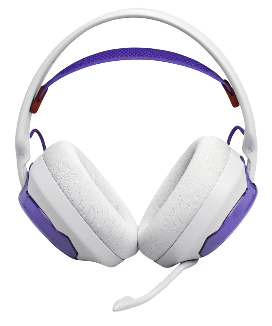 Cuffie da gaming bianche e viola. Archetto bianco, padiglioni in tessuto bianco, accenti viola e microfono bianco.