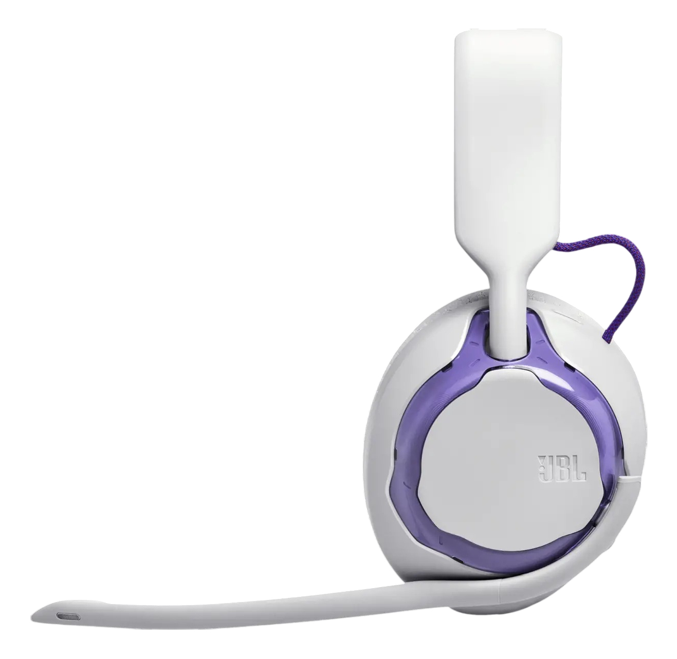 Cuffie JBL bianche e viola. Le cuffie hanno un microfono, dettagli viola e una fascia bianca. Su sfondo bianco.