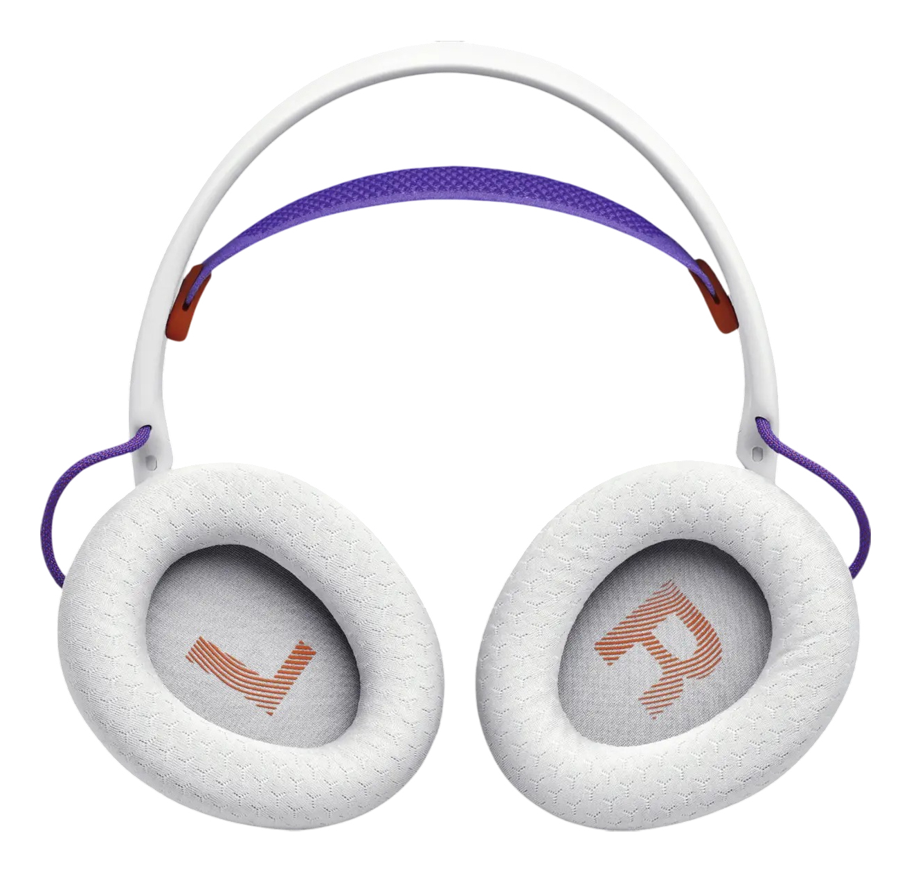 Cuffie bianche con dettagli viola e arancioni. I padiglioni auricolari hanno un motivo strutturato. La fascia è bianca con tessuto viola.