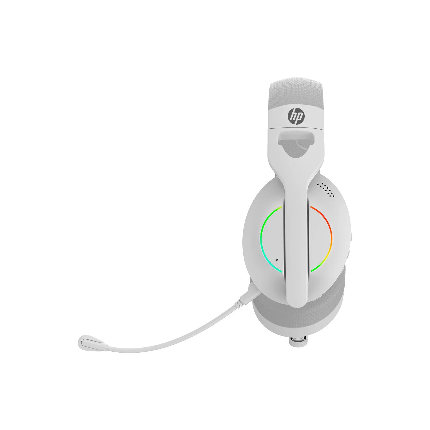 Weißes HP-Gaming-Headset mit Mikrofon. Das Headset verfügt über RGB-Lichter und eine strukturierte Ohrmuschel.